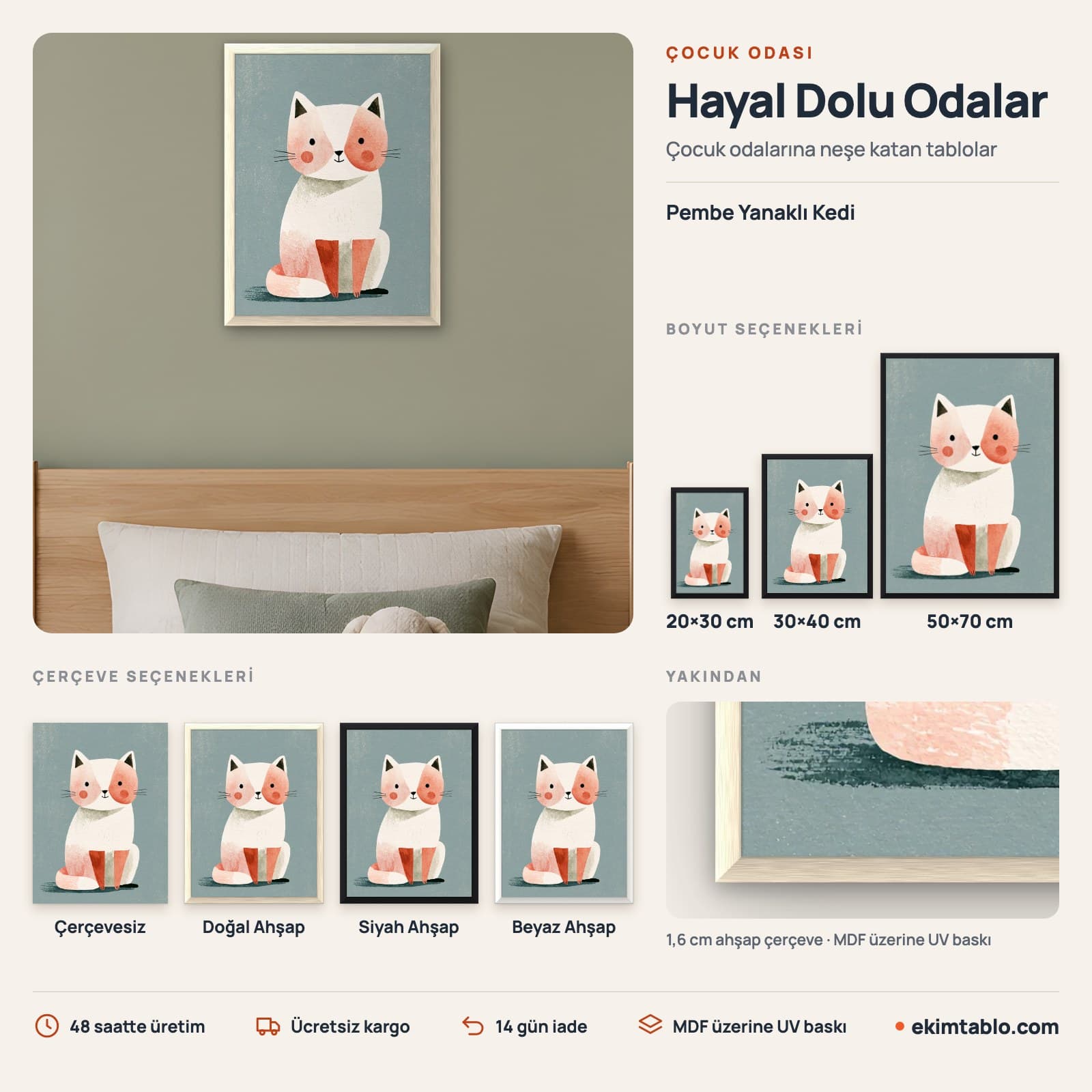 Pembe Yanaklı Kedi — boyut ve çerçeve seçenekleri