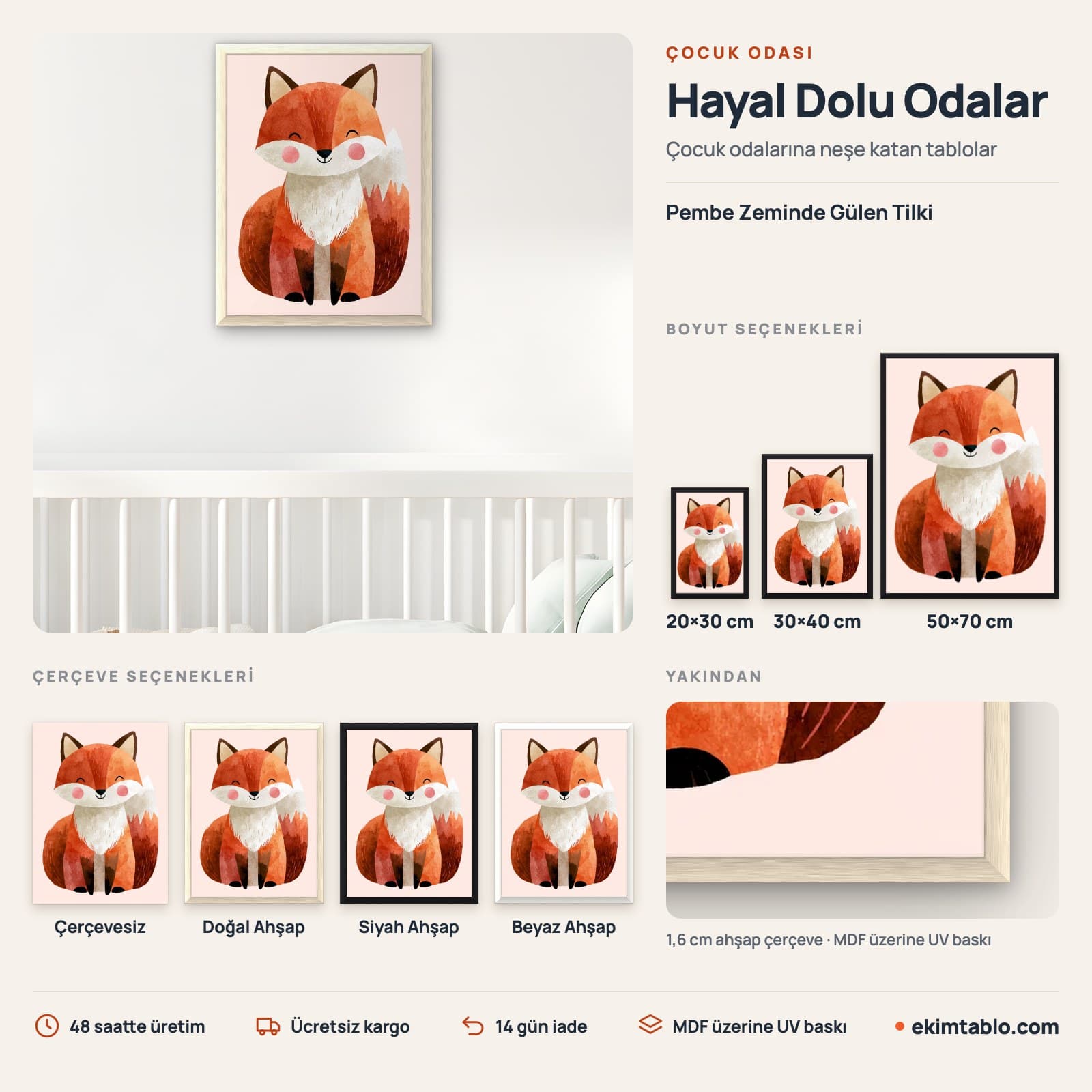 Pembe Zeminde Gülen Tilki — boyut ve çerçeve seçenekleri
