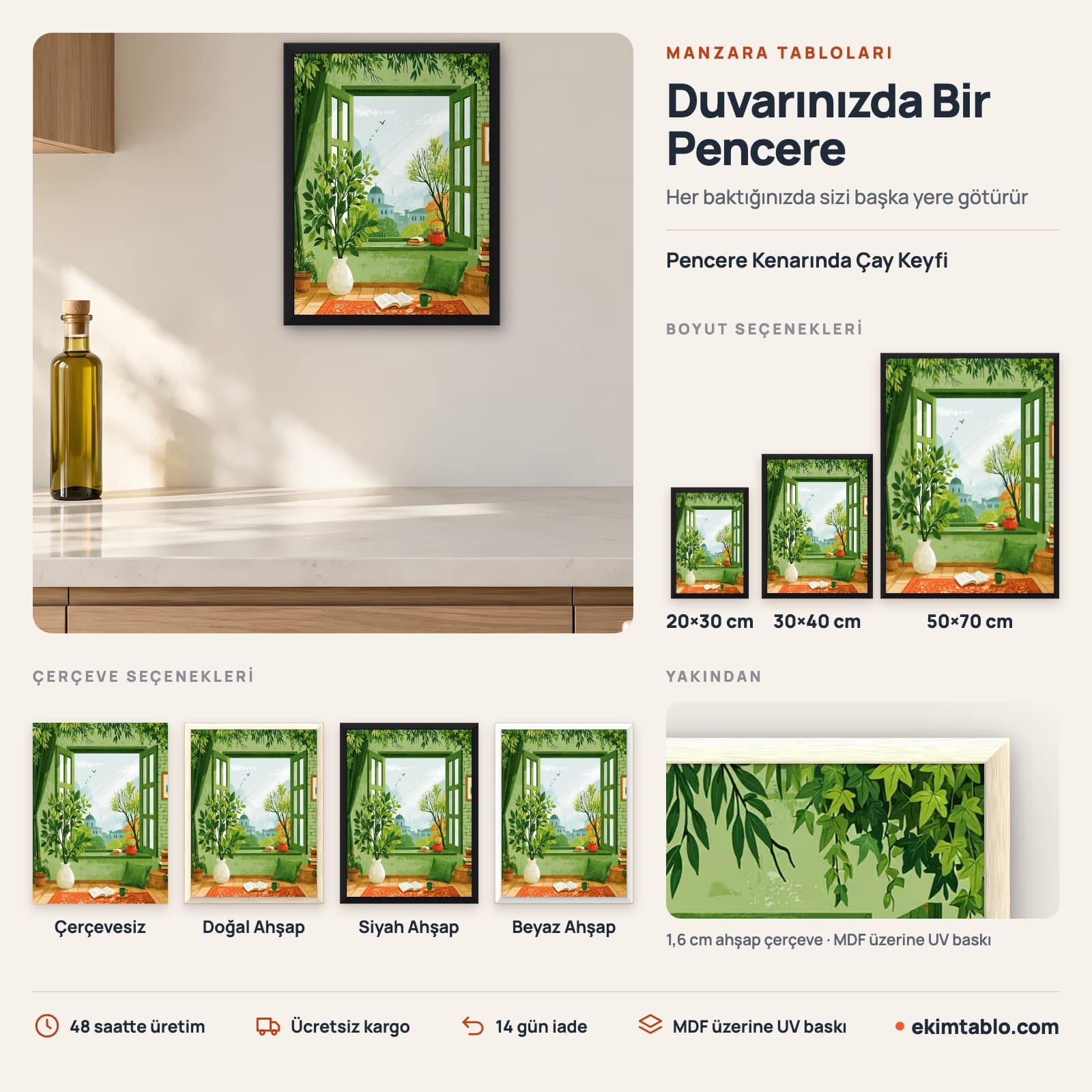 Pencere Kenarında Çay Keyfi — boyut ve çerçeve seçenekleri