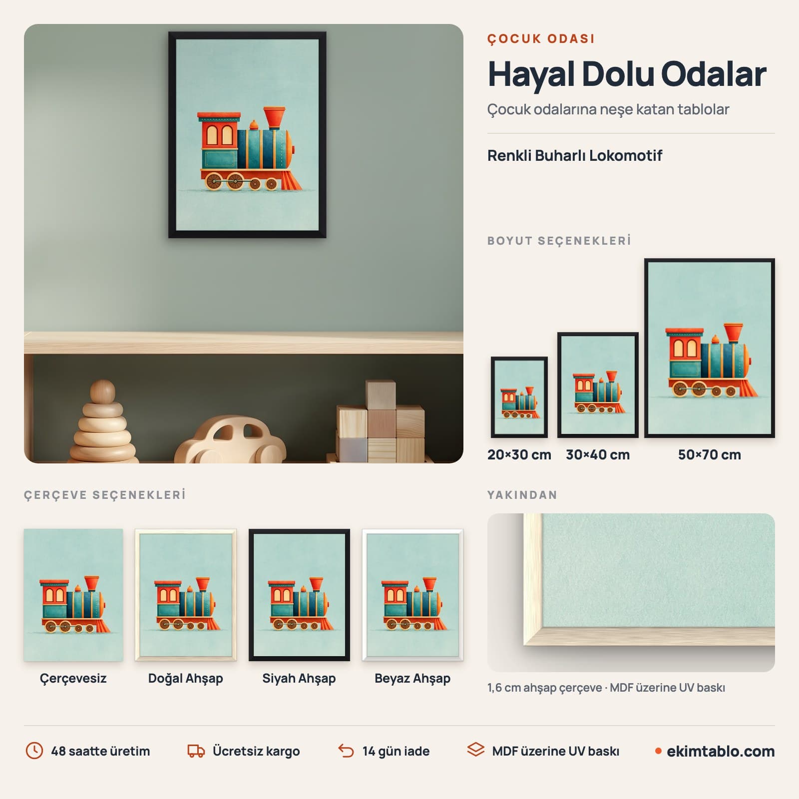 Renkli Buharlı Lokomotif — boyut ve çerçeve seçenekleri