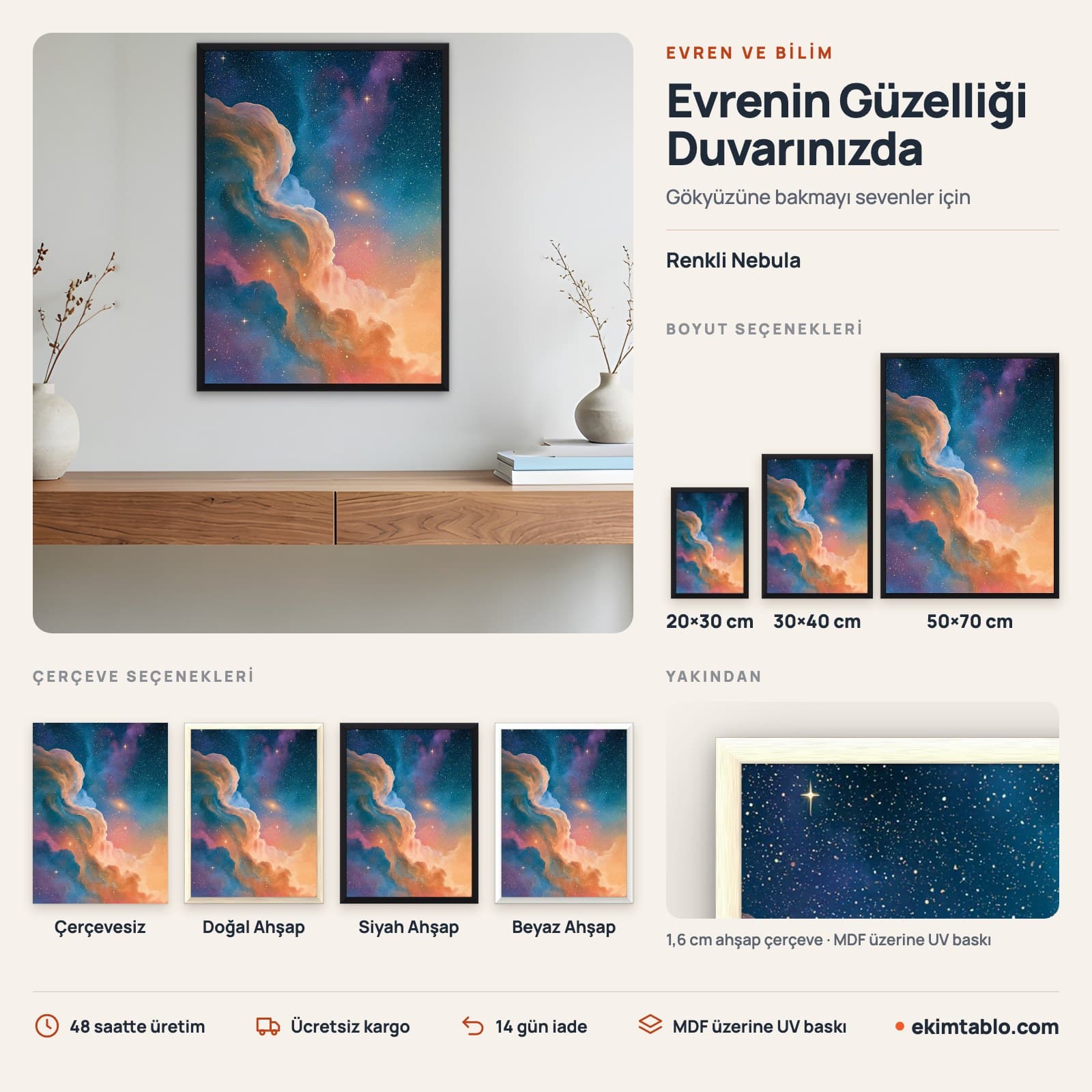 Renkli Nebula — boyut ve çerçeve seçenekleri