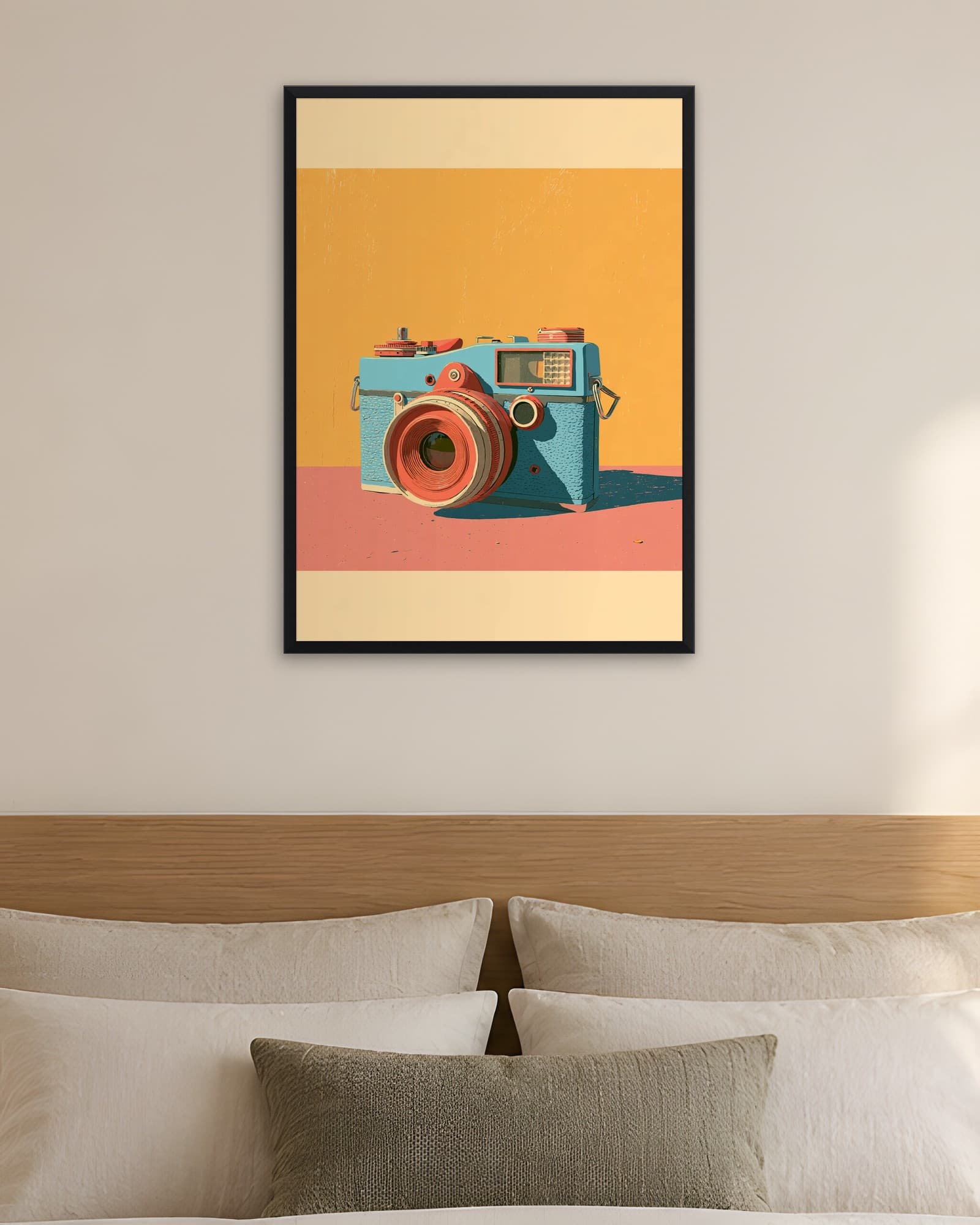 Retro Fotoğraf Makinesi — Dekoratif Duvar Tablosu, duvarda oda görünümü
