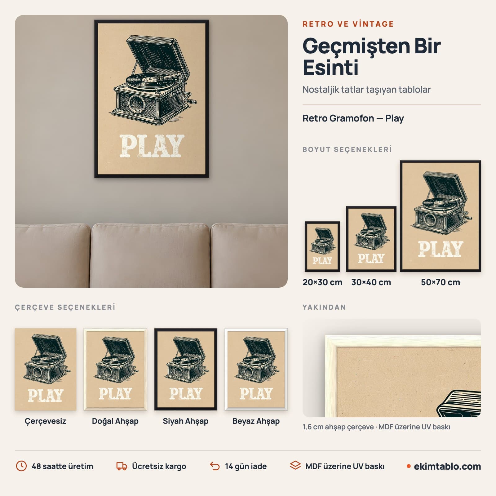 Retro Gramofon — Play — boyut ve çerçeve seçenekleri