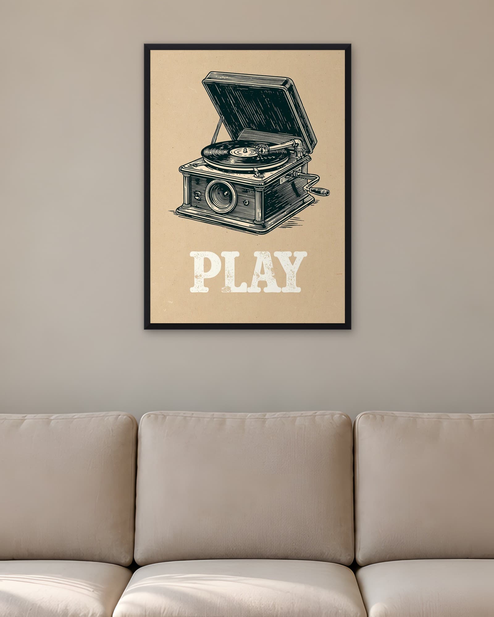 Retro Gramofon — Play — Retro Duvar Tablosu, duvarda oda görünümü
