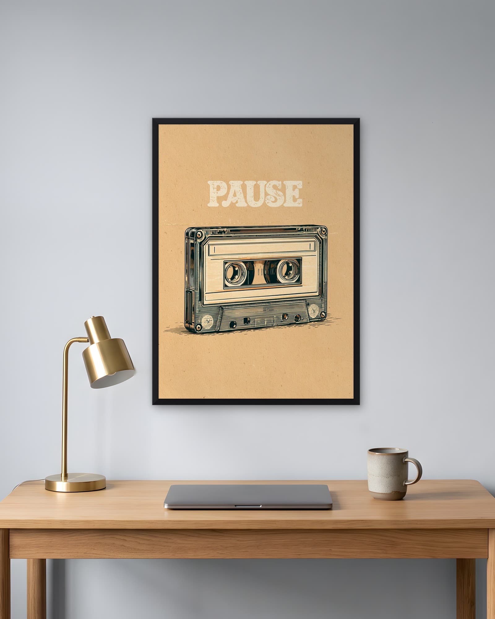 Retro Kaset — Pause — Retro Duvar Tablosu, duvarda oda görünümü