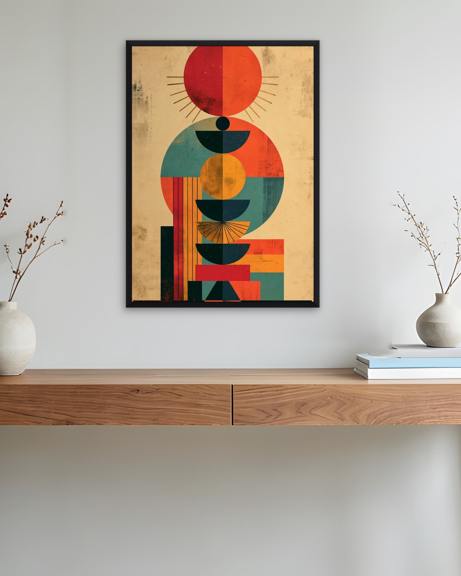 Retro Kırmızı Güneş Formları — Geometrik Duvar Tablosu, duvarda oda görünümü
