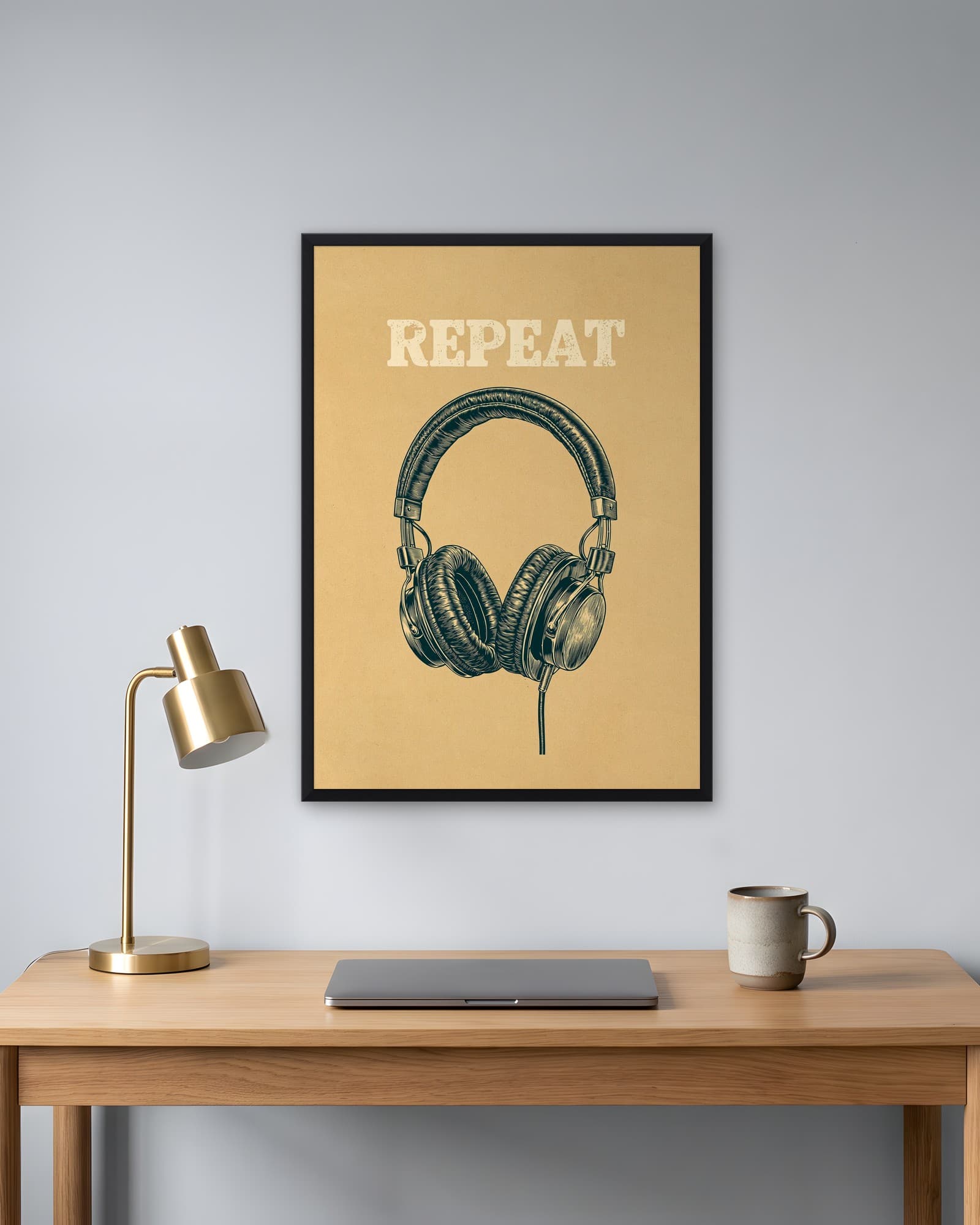 Retro Kulaklık — Repeat — Retro Duvar Tablosu, duvarda oda görünümü