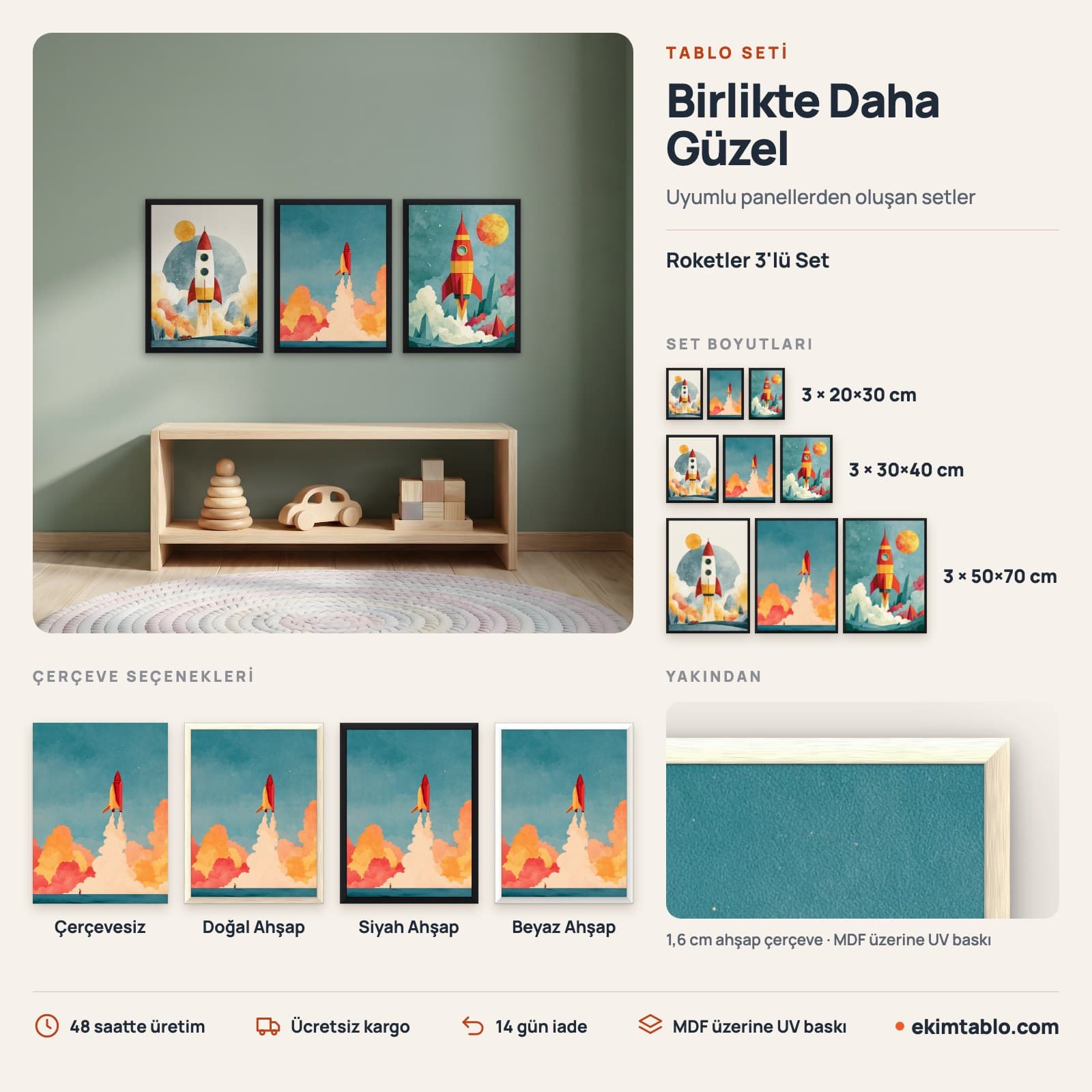 Roketler 3'lü Set — boyut ve çerçeve seçenekleri