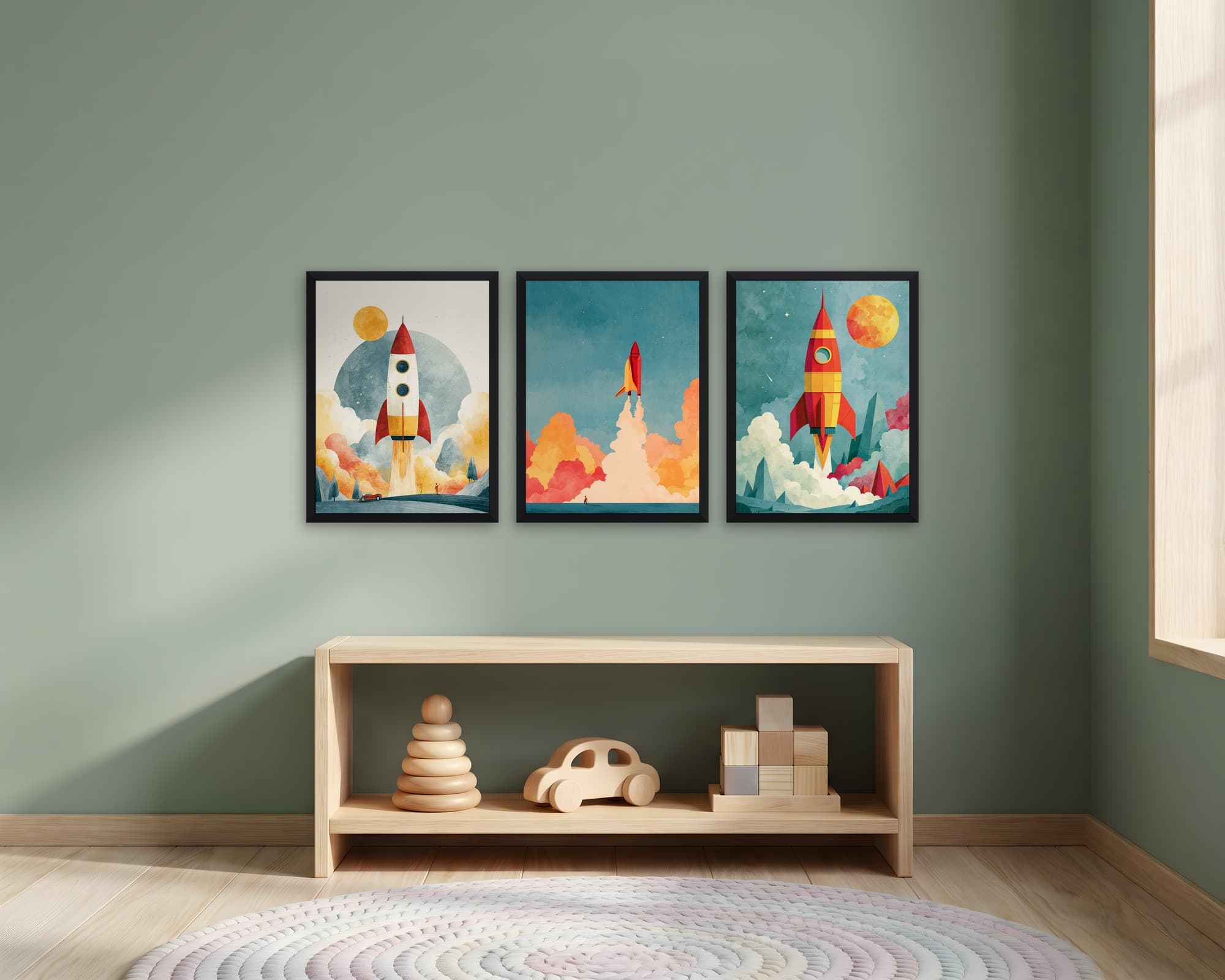 Roketler 3'lü Set — Tablo Seti, duvarda oda görünümü