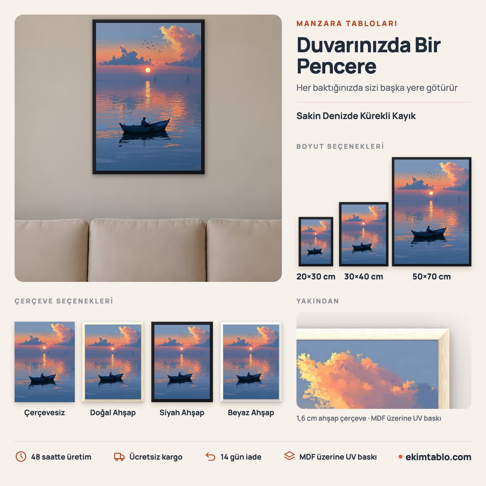 Sakin Denizde Kürekli Kayık — boyut ve çerçeve seçenekleri