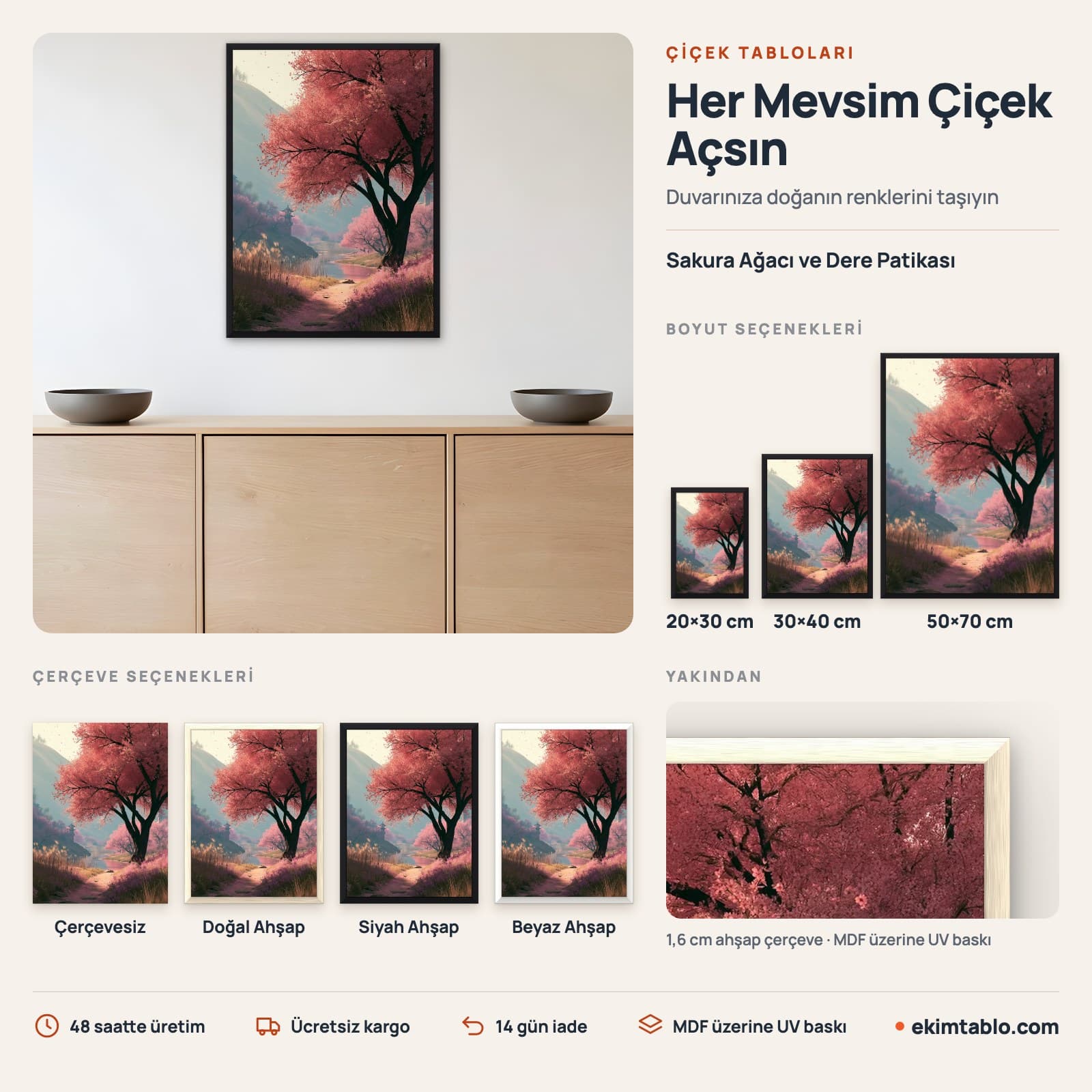 Sakura Ağacı ve Dere Patikası — boyut ve çerçeve seçenekleri