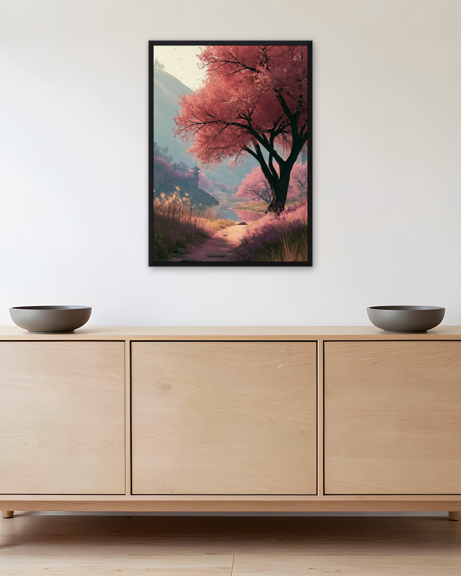 Sakura Ağacı ve Dere Patikası — Çiçek Duvar Tablosu, duvarda oda görünümü