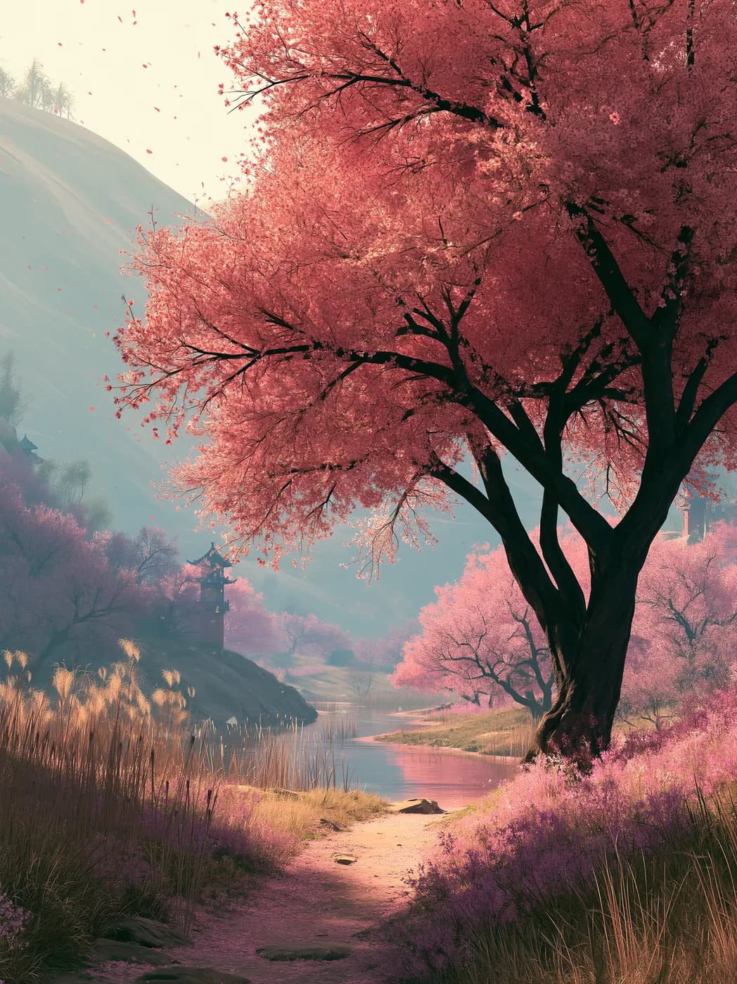 Sakura Ağacı ve Dere Patikası — çiçekler temalı UV baskı tablo