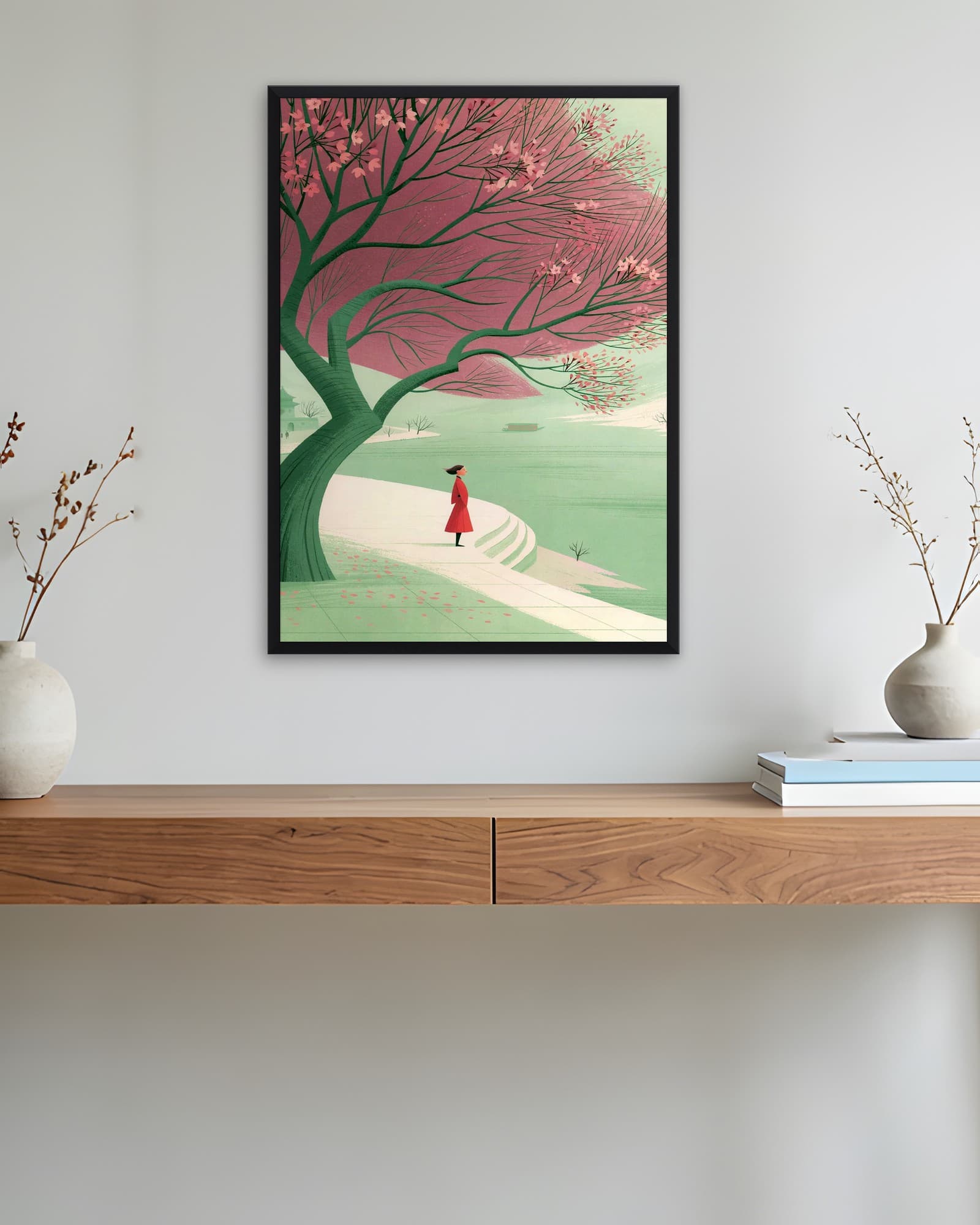 Sakura Ağacı ve Kırmızı Palto — Kır Manzarası Duvar Tablosu, duvarda oda görünümü