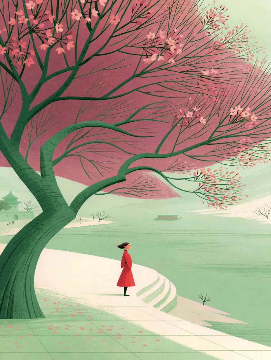 Sakura Ağacı ve Kırmızı Palto — kır temalı UV baskı tablo