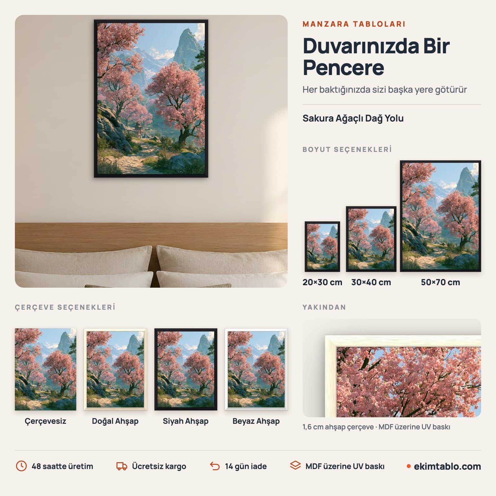 Sakura Ağaçlı Dağ Yolu — boyut ve çerçeve seçenekleri
