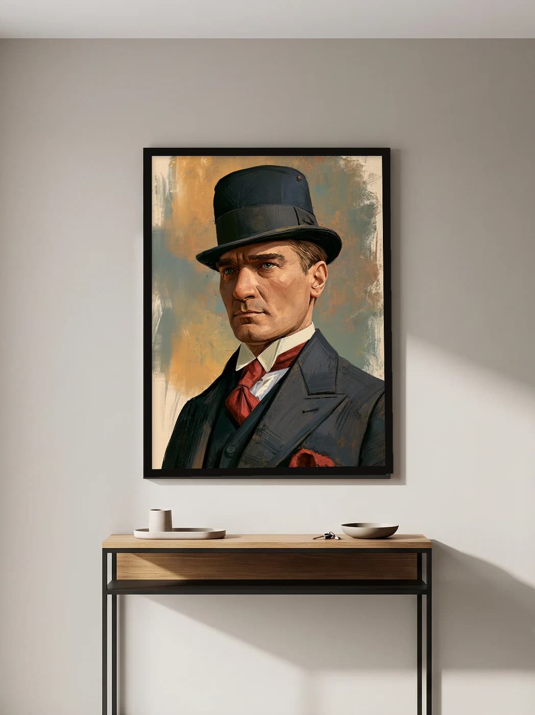 Şapkalı Atatürk — Yağlı Boya Görünümlü — Atatürk Tablosu, duvarda oda görünümü