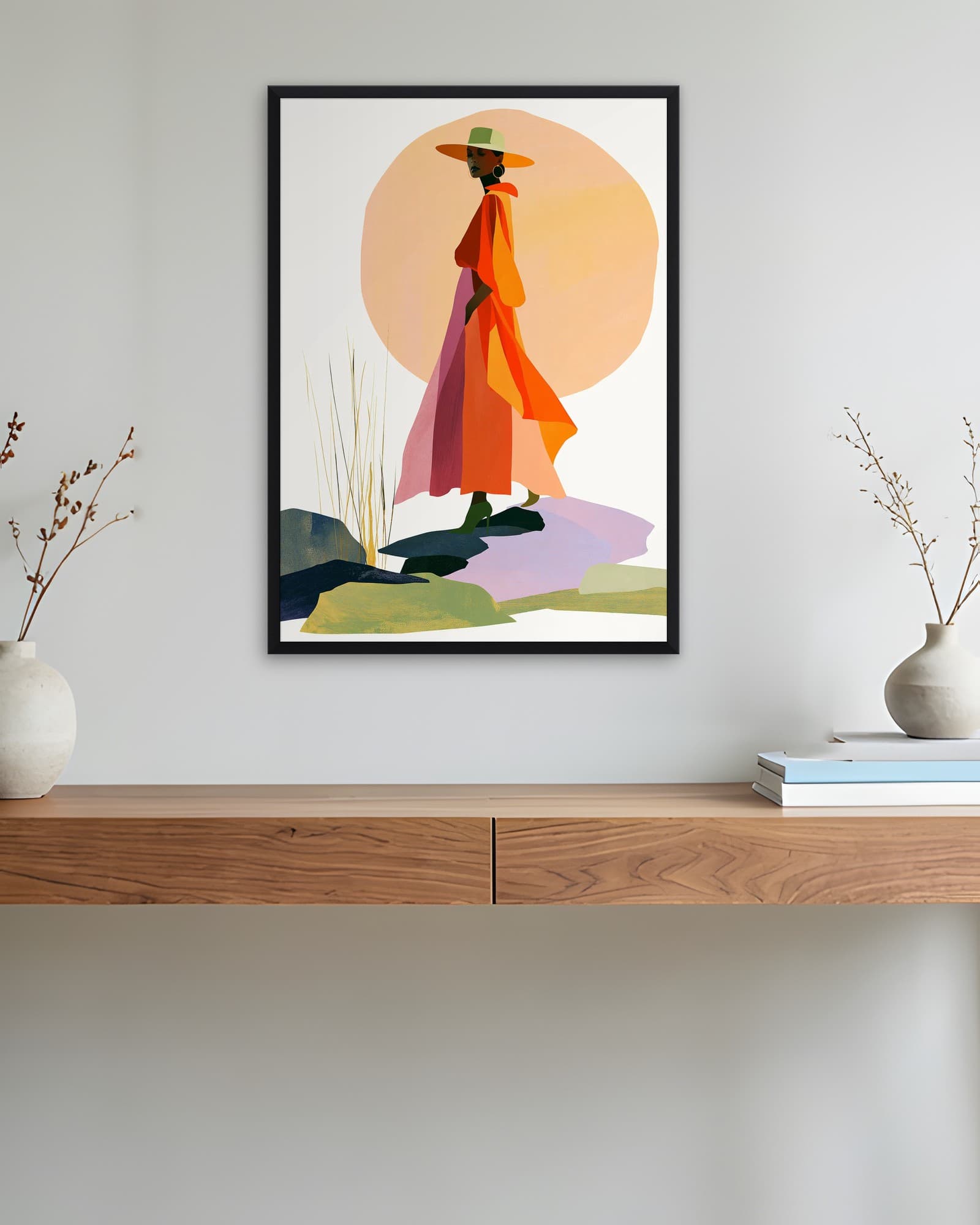 Şapkalı Kadın ve Güneş — Minimalist Duvar Tablosu, duvarda oda görünümü