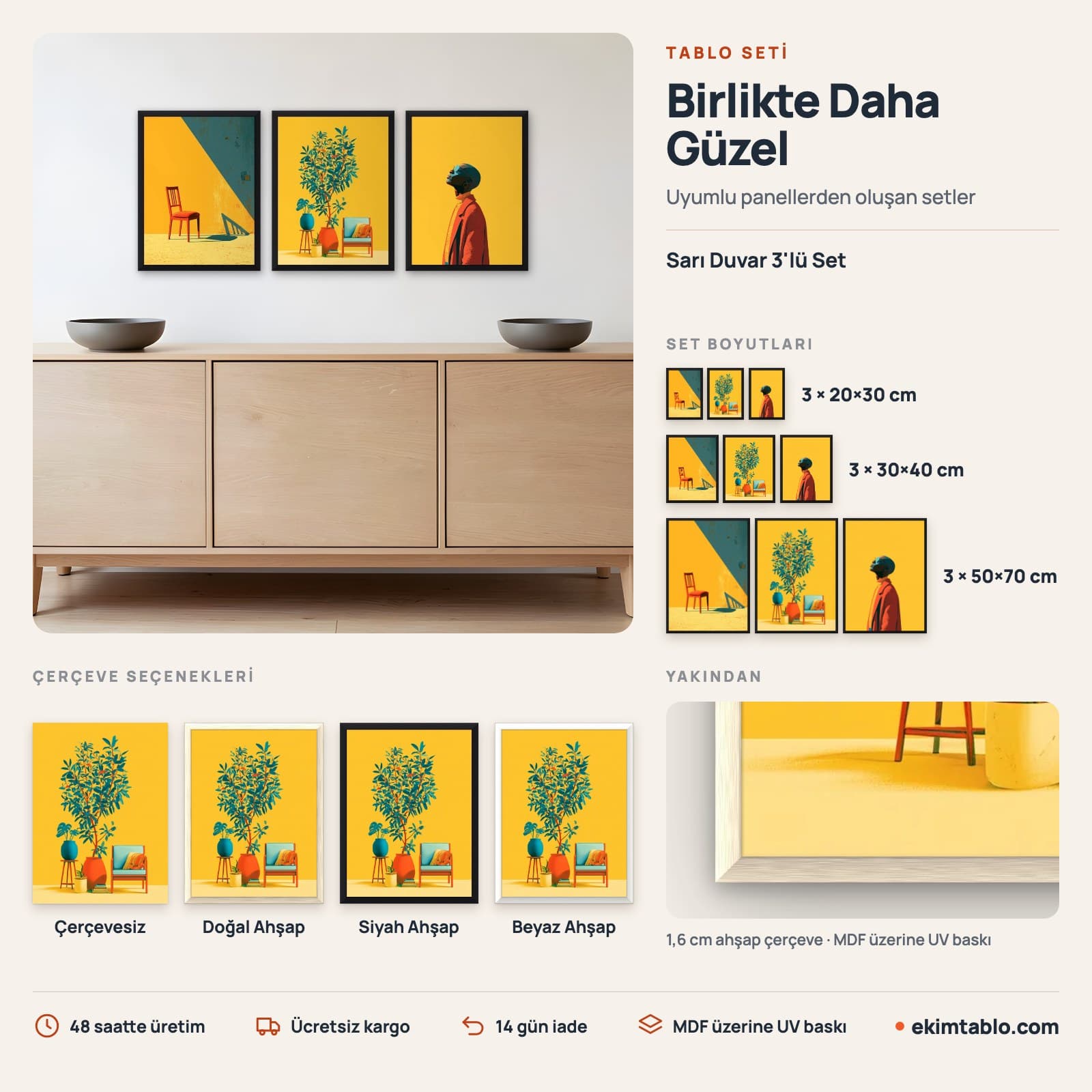 Sarı Duvar 3'lü Set — boyut ve çerçeve seçenekleri