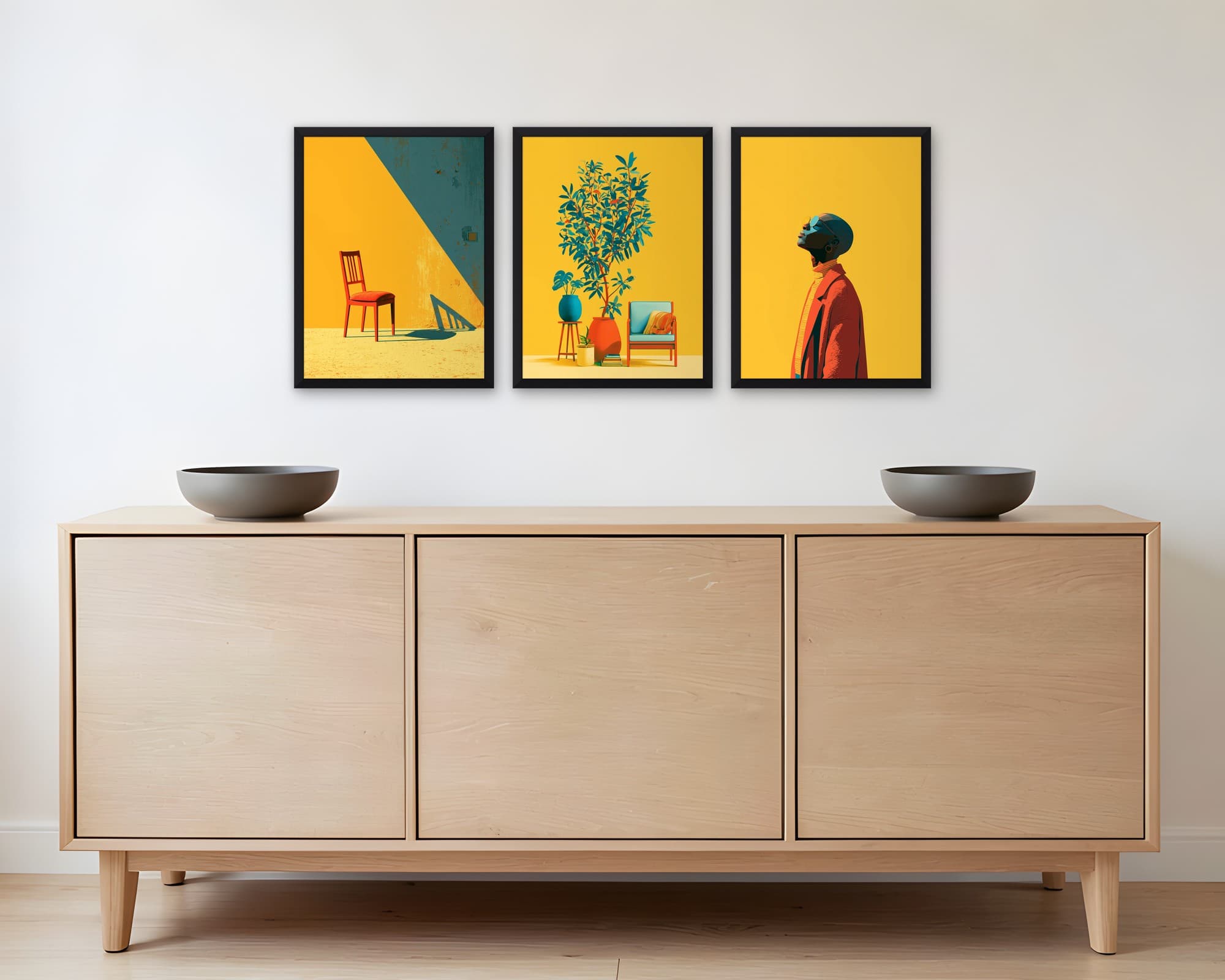 Sarı Duvar 3'lü Set — Tablo Seti, duvarda oda görünümü