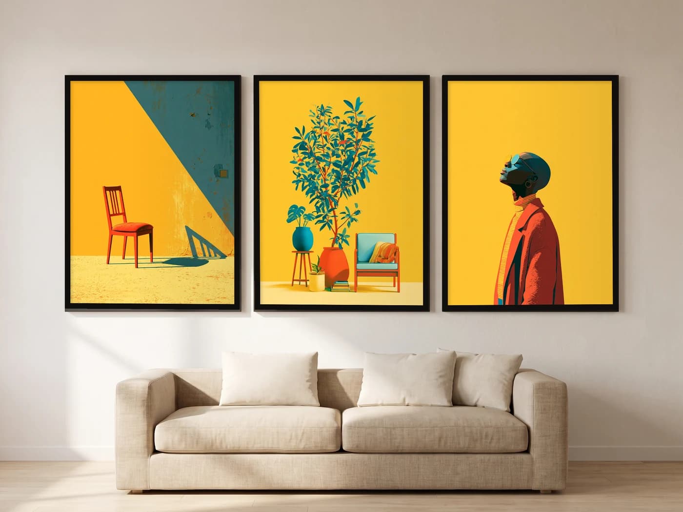 Sarı Duvar 3'lü Set — Tablo Seti, duvarda oda görünümü