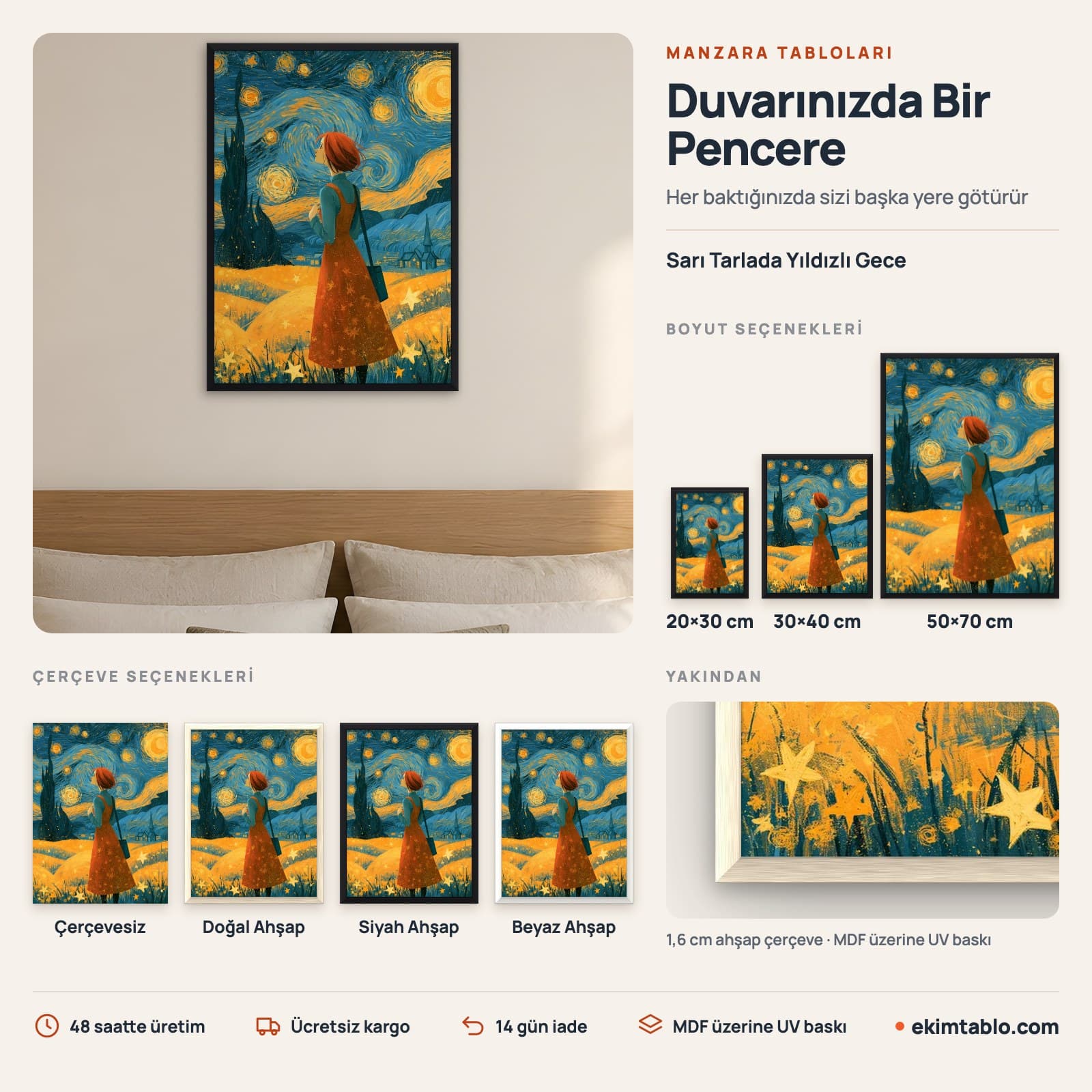 Sarı Tarlada Yıldızlı Gece — boyut ve çerçeve seçenekleri