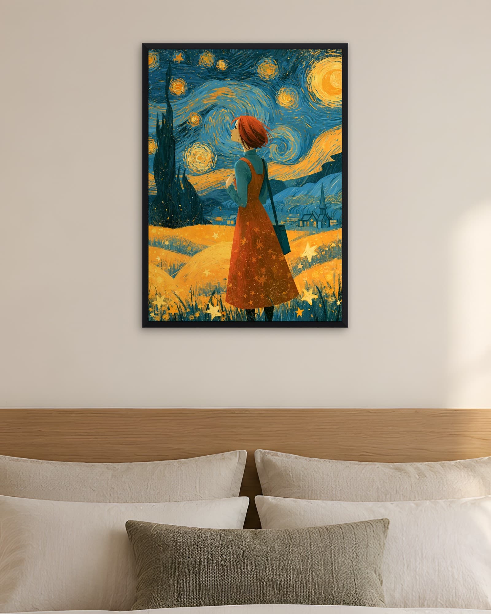 Sarı Tarlada Yıldızlı Gece — Kır Manzarası Duvar Tablosu, duvarda oda görünümü