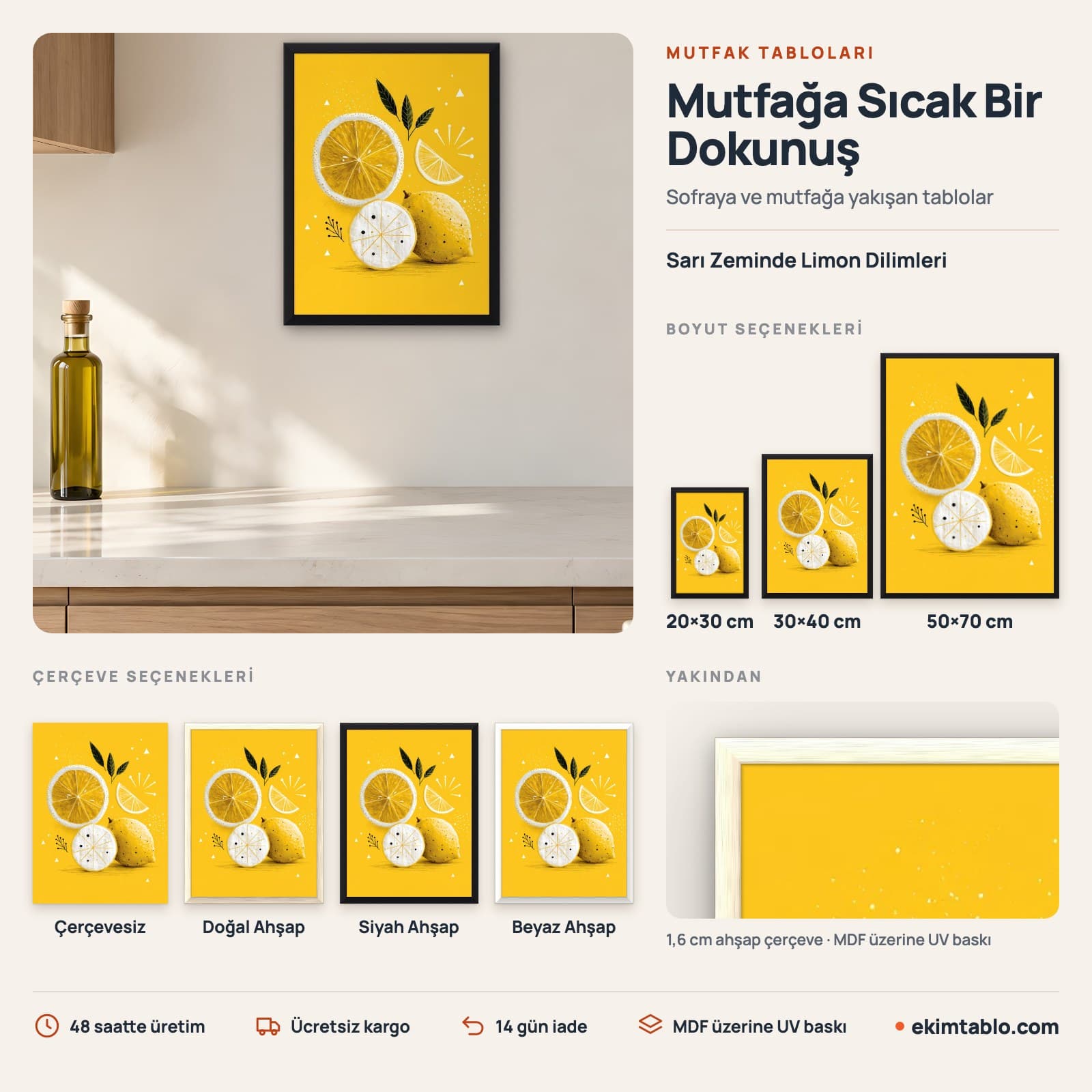 Sarı Zeminde Limon Dilimleri — boyut ve çerçeve seçenekleri