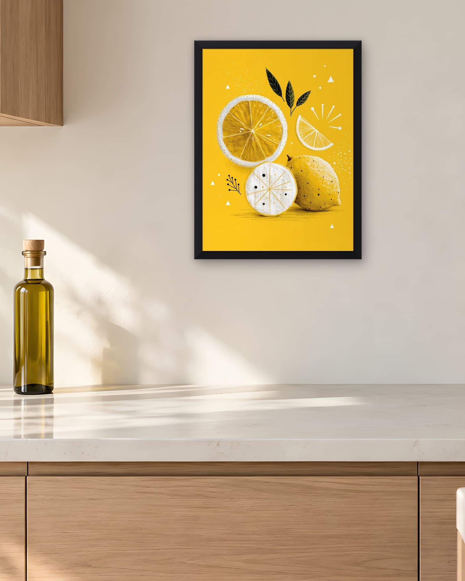 Sarı Zeminde Limon Dilimleri — Mutfak Duvar Tablosu, duvarda oda görünümü