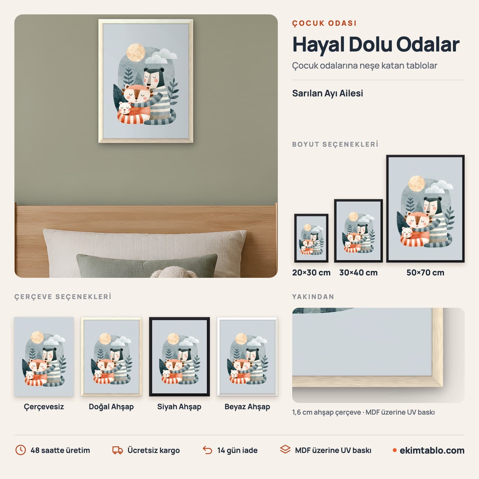 Sarılan Ayı Ailesi — boyut ve çerçeve seçenekleri