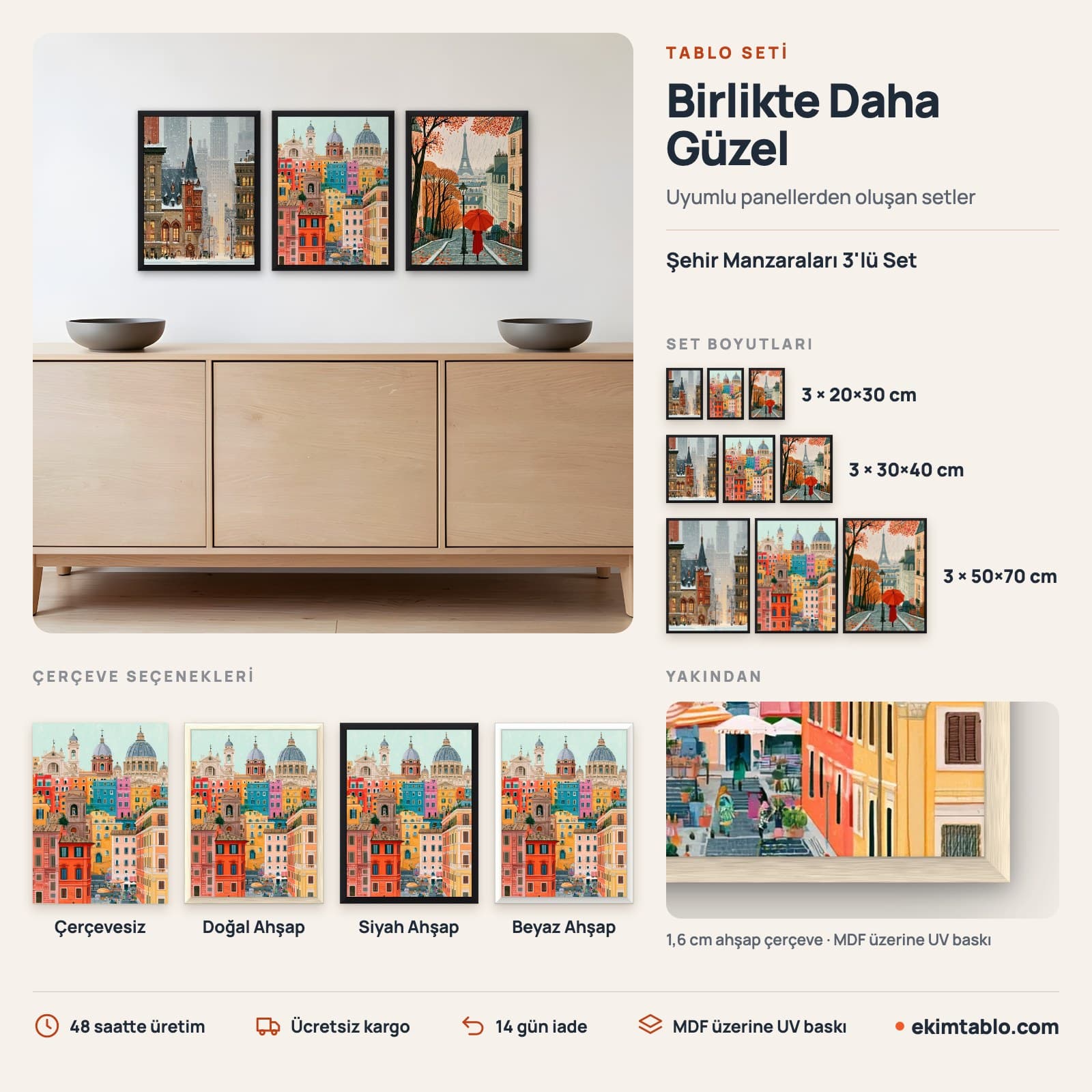 Şehir Manzaraları 3'lü Set — boyut ve çerçeve seçenekleri