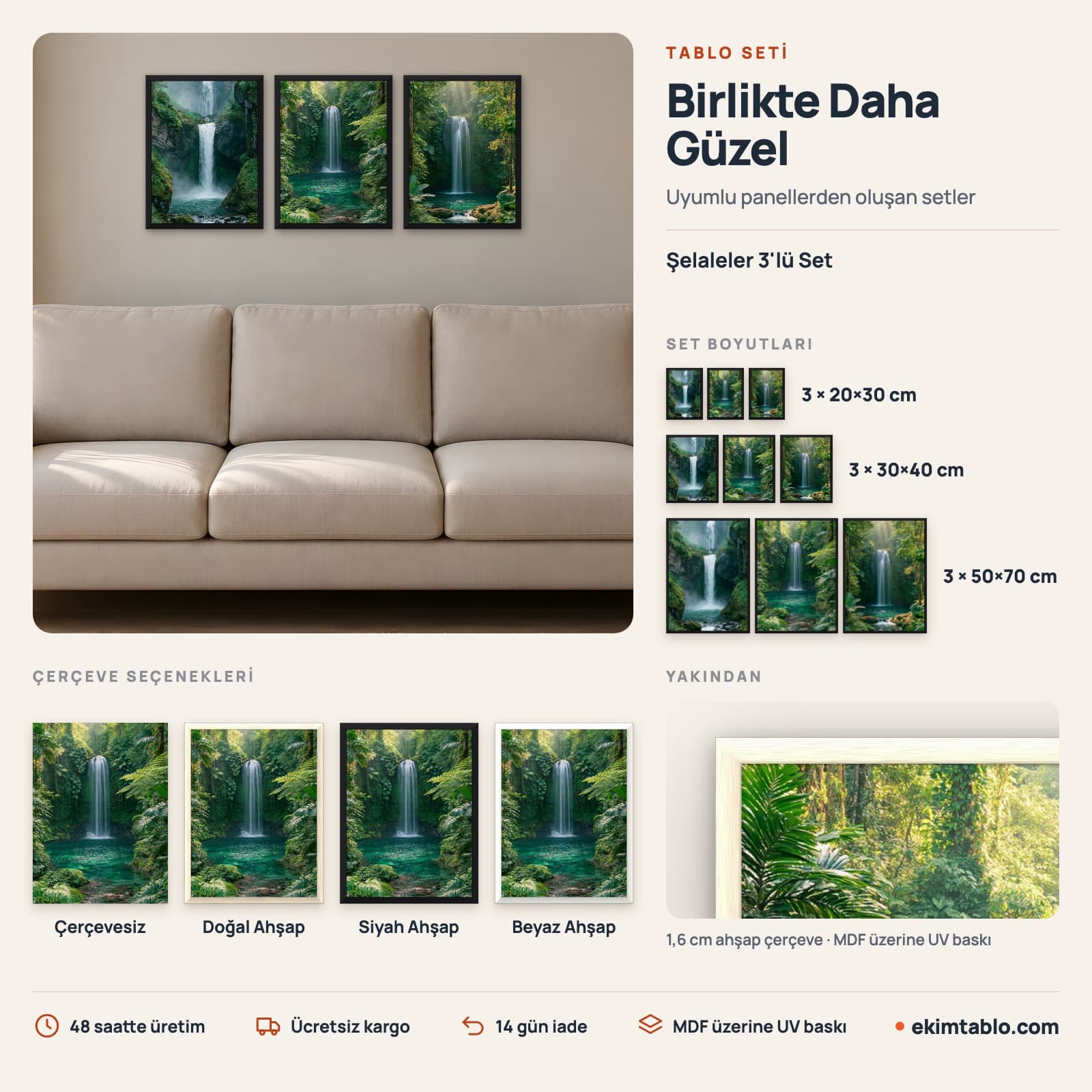 Şelaleler 3'lü Set — boyut ve çerçeve seçenekleri