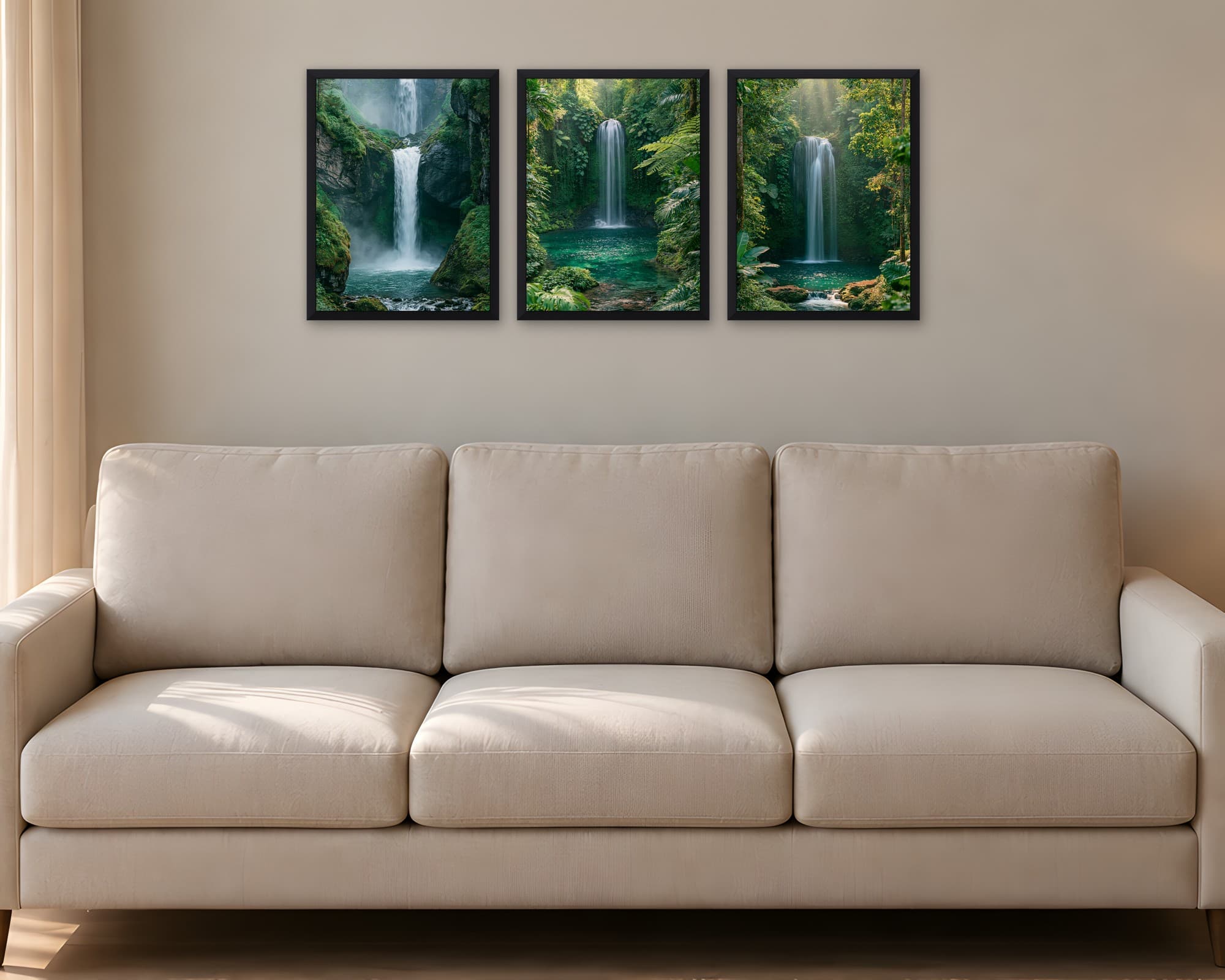 Şelaleler 3'lü Set — Tablo Seti, duvarda oda görünümü