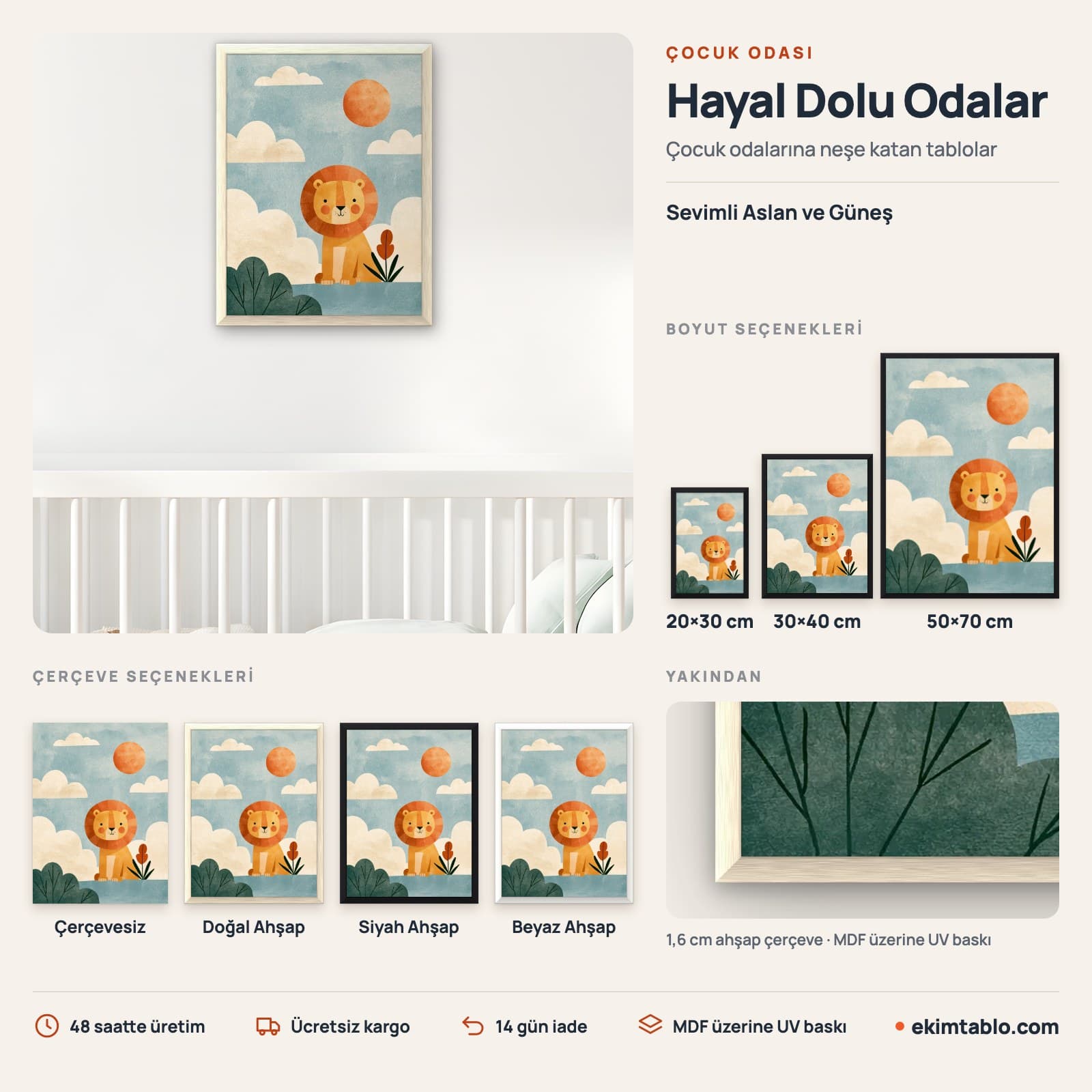 Sevimli Aslan ve Güneş — boyut ve çerçeve seçenekleri