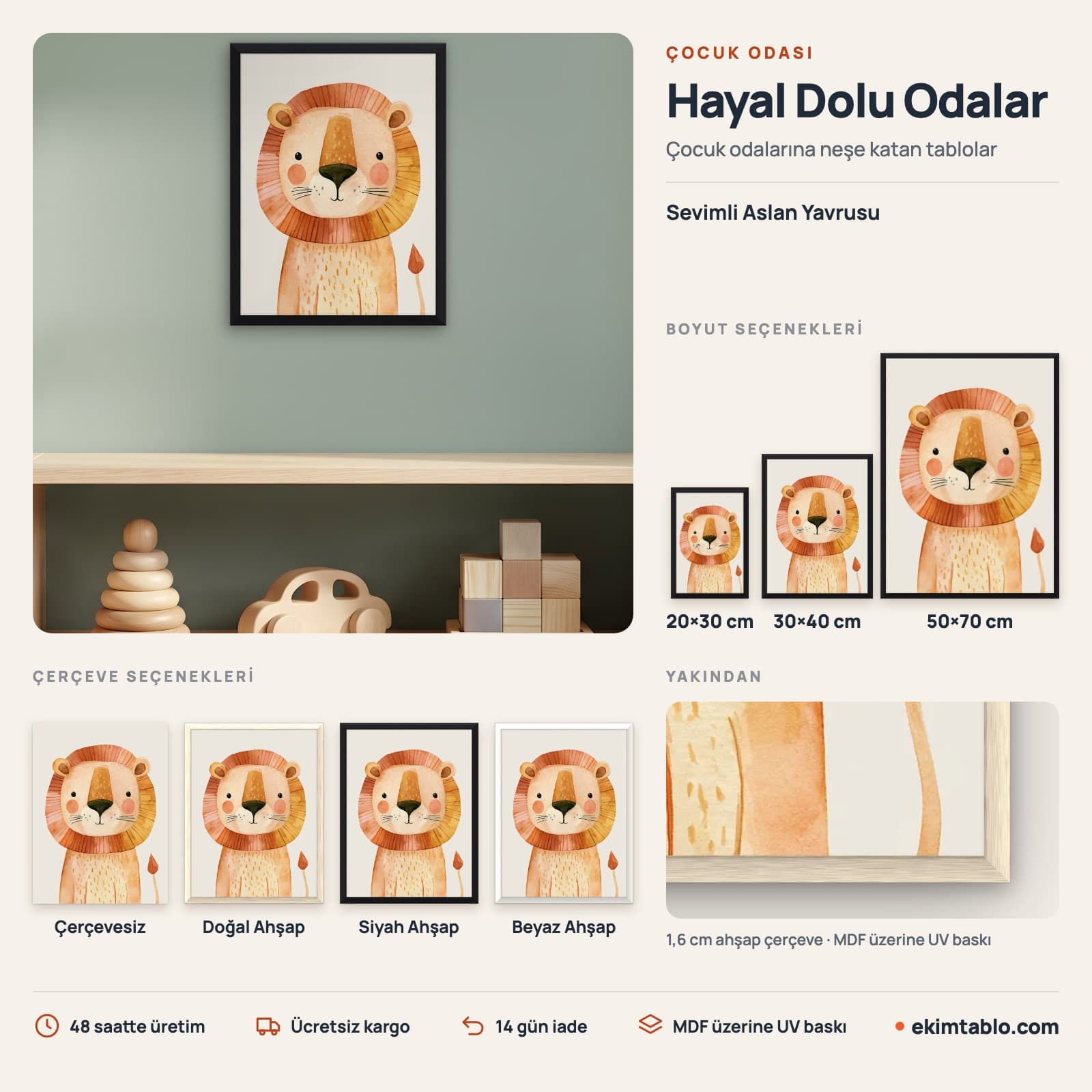 Sevimli Aslan Yavrusu — boyut ve çerçeve seçenekleri