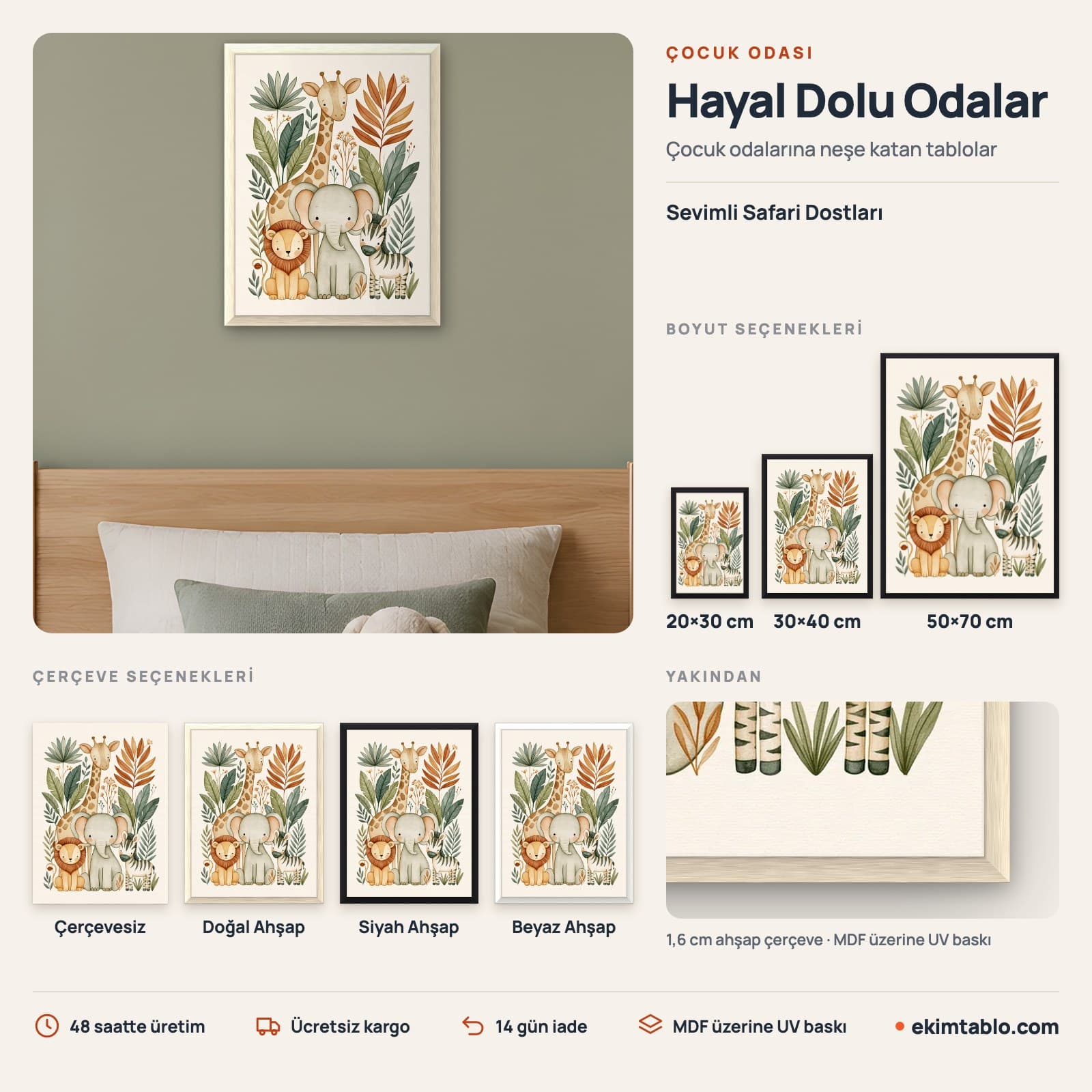 Sevimli Safari Dostları — boyut ve çerçeve seçenekleri