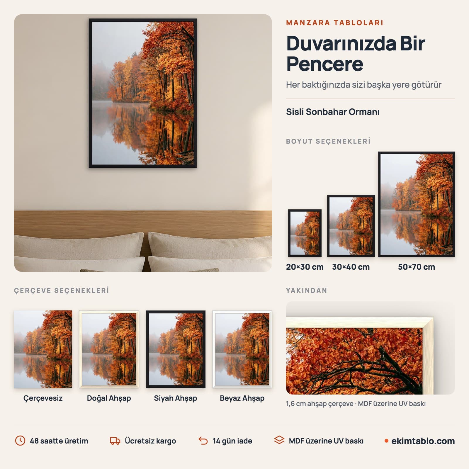 Sisli Sonbahar Ormanı — boyut ve çerçeve seçenekleri