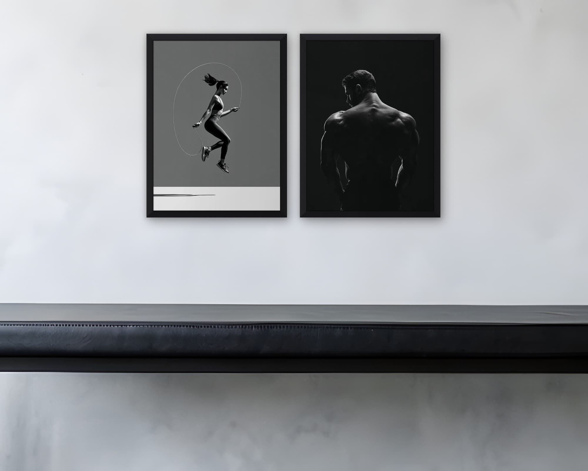 Siyah Beyaz Fitness 2'li Set — Tablo Seti, duvarda oda görünümü