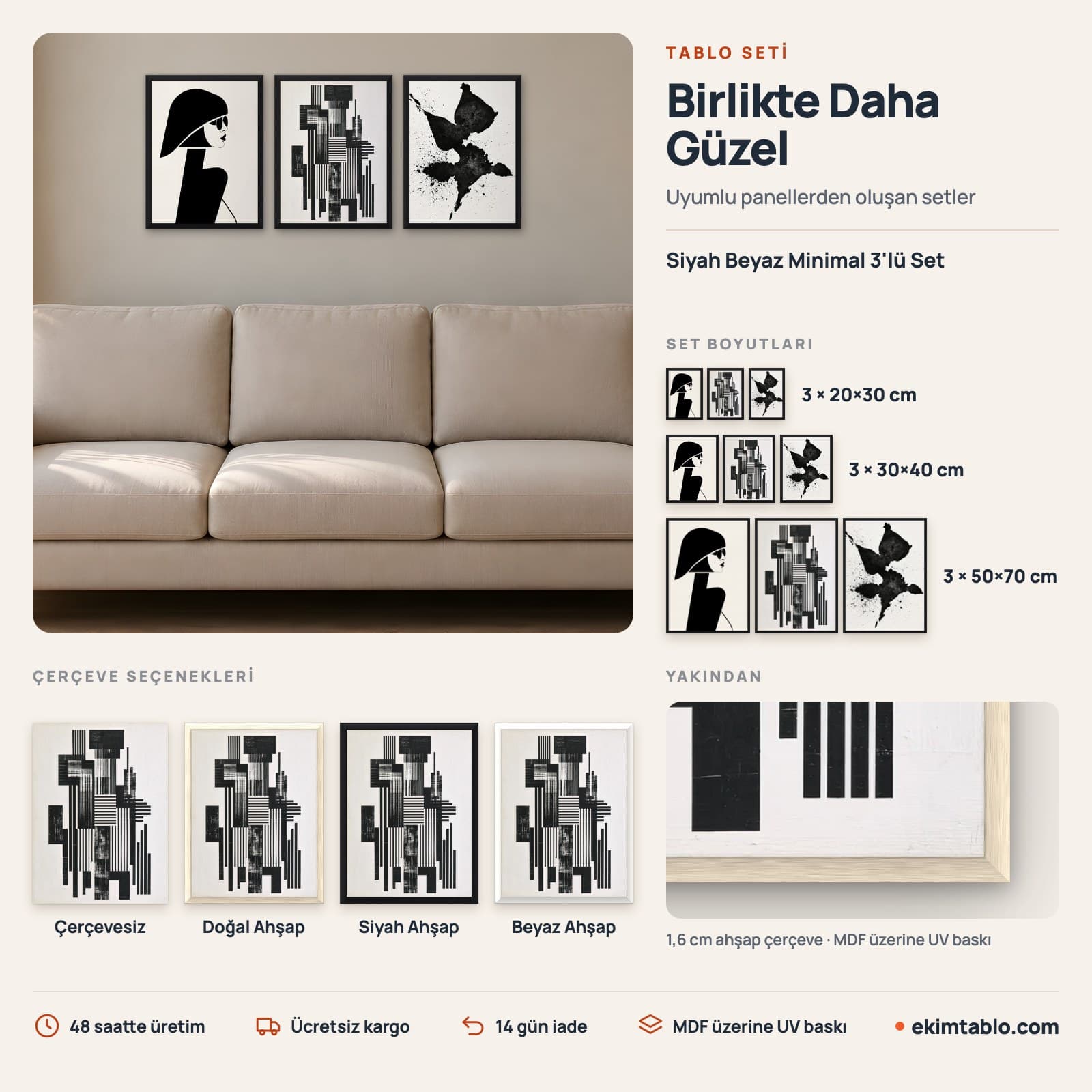 Siyah Beyaz Minimal 3'lü Set — boyut ve çerçeve seçenekleri
