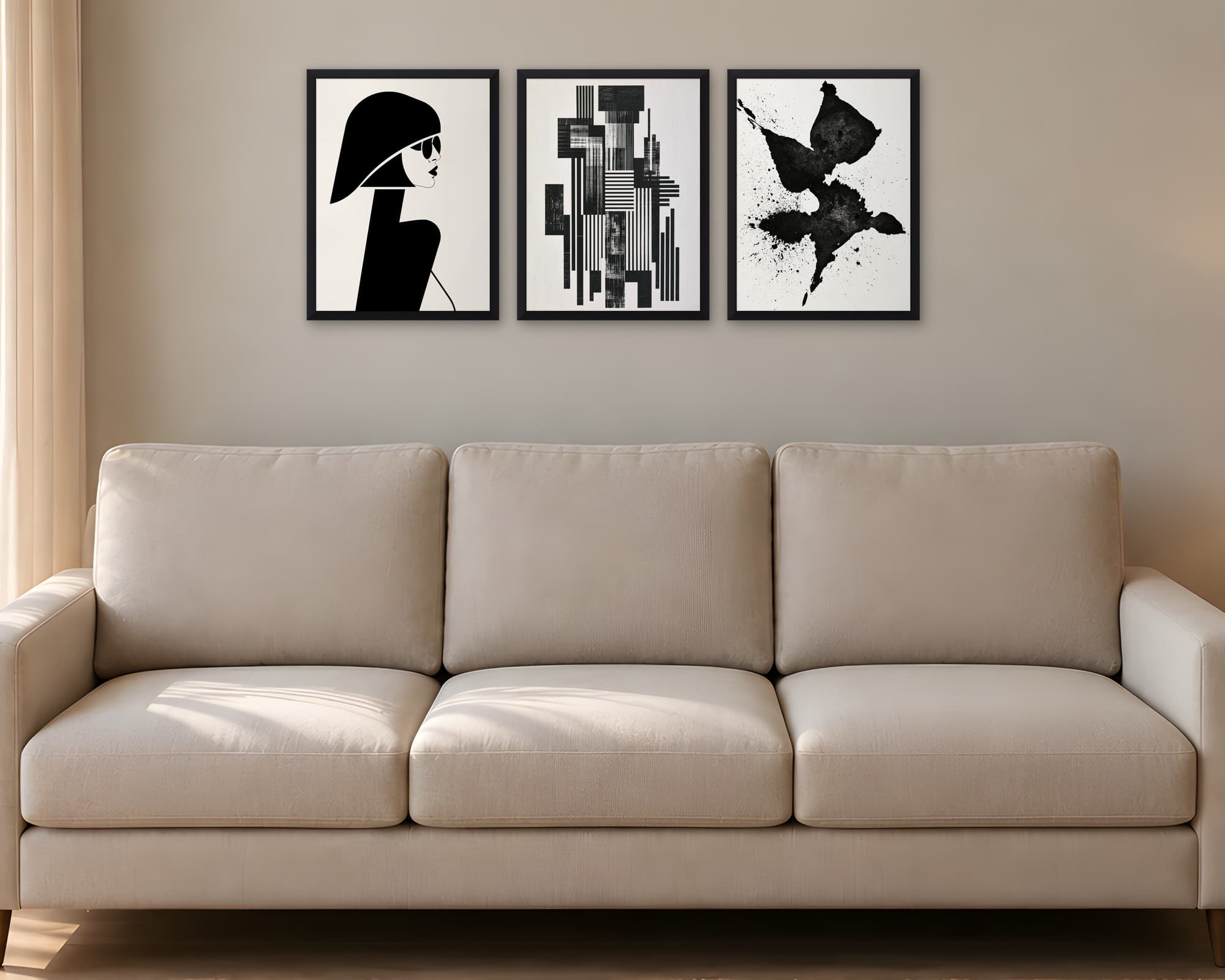 Siyah Beyaz Minimal 3'lü Set — Tablo Seti, duvarda oda görünümü