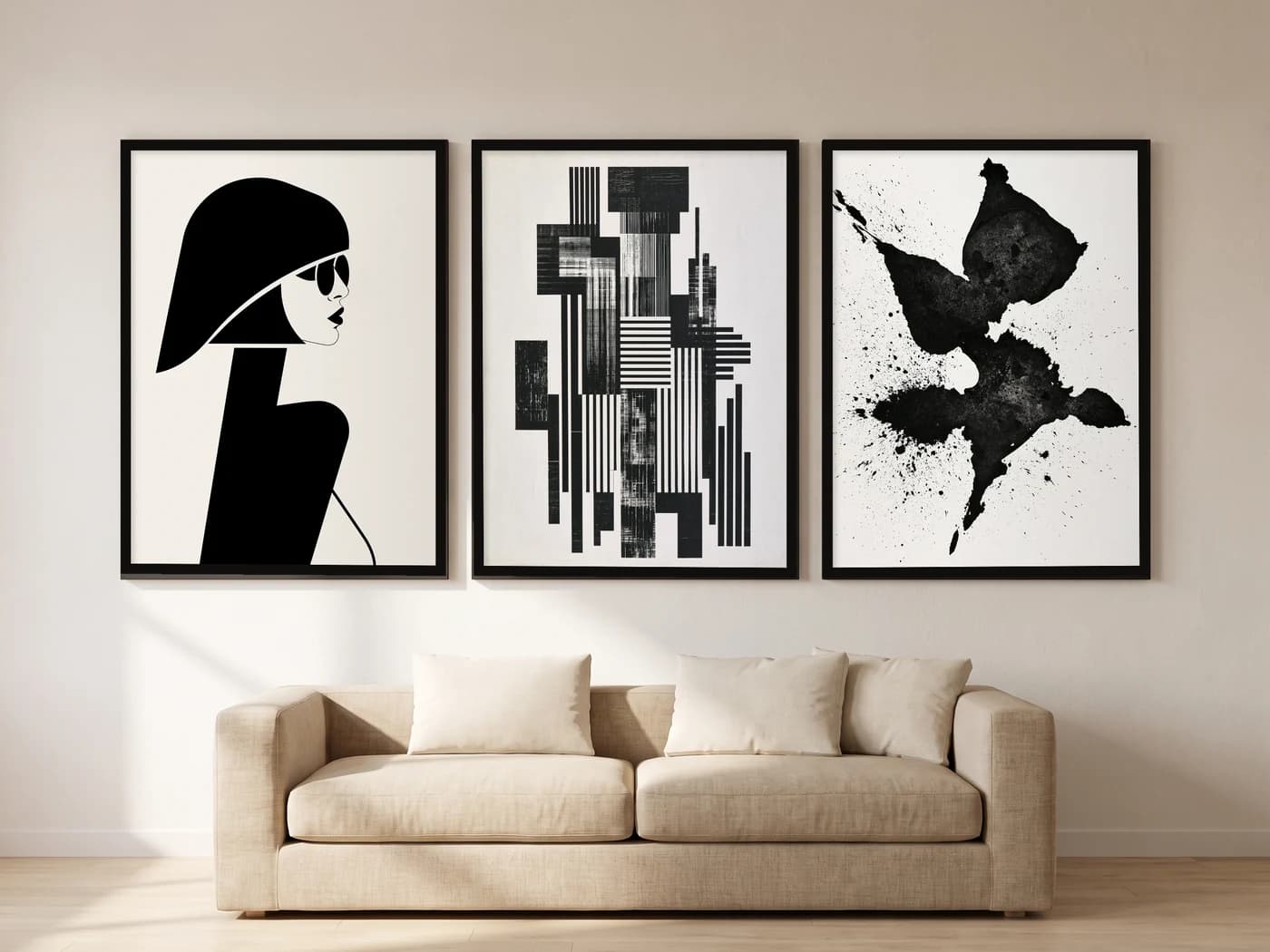 Siyah Beyaz Minimal 3'lü Set — Tablo Seti, duvarda oda görünümü