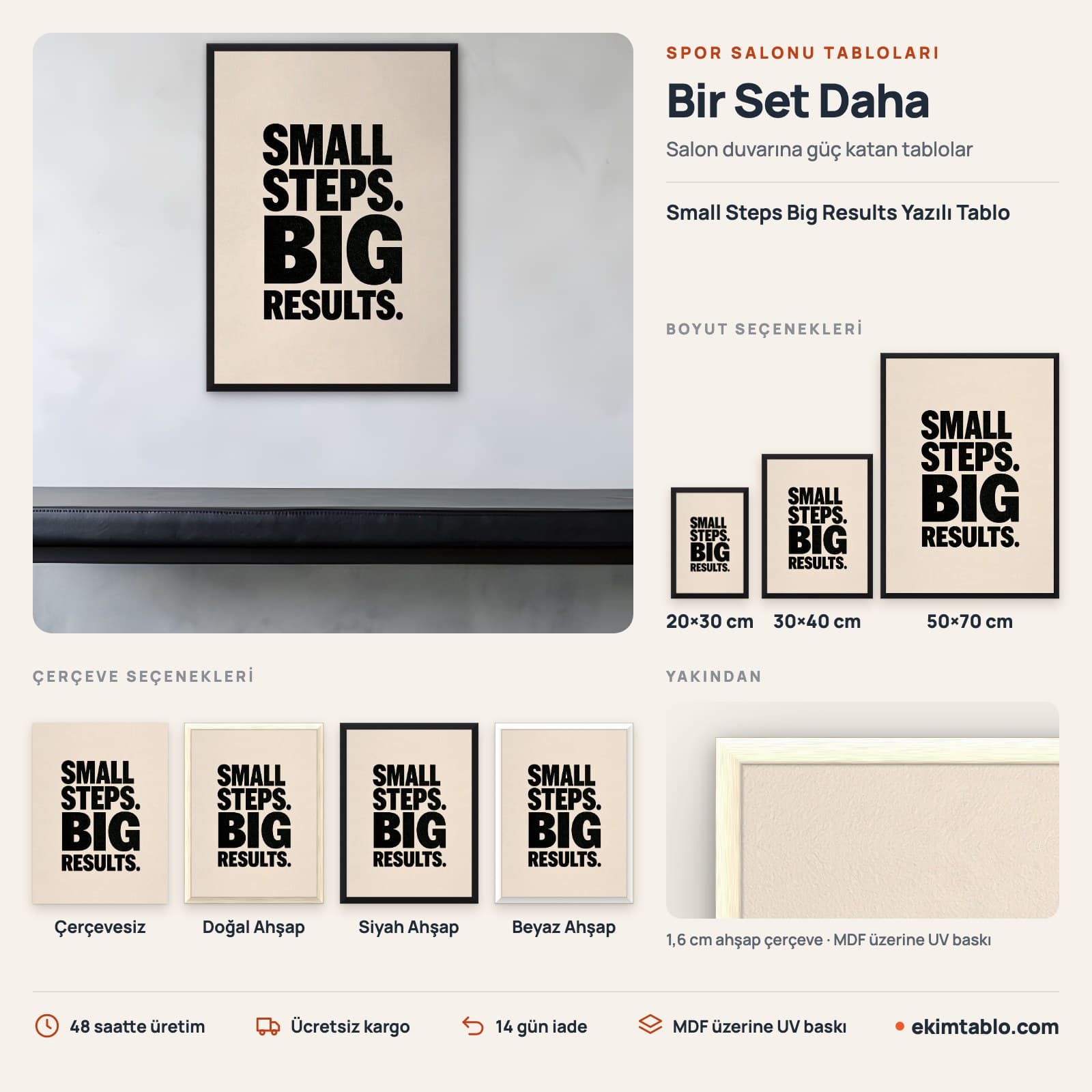 Small Steps Big Results Yazılı Tablo — boyut ve çerçeve seçenekleri