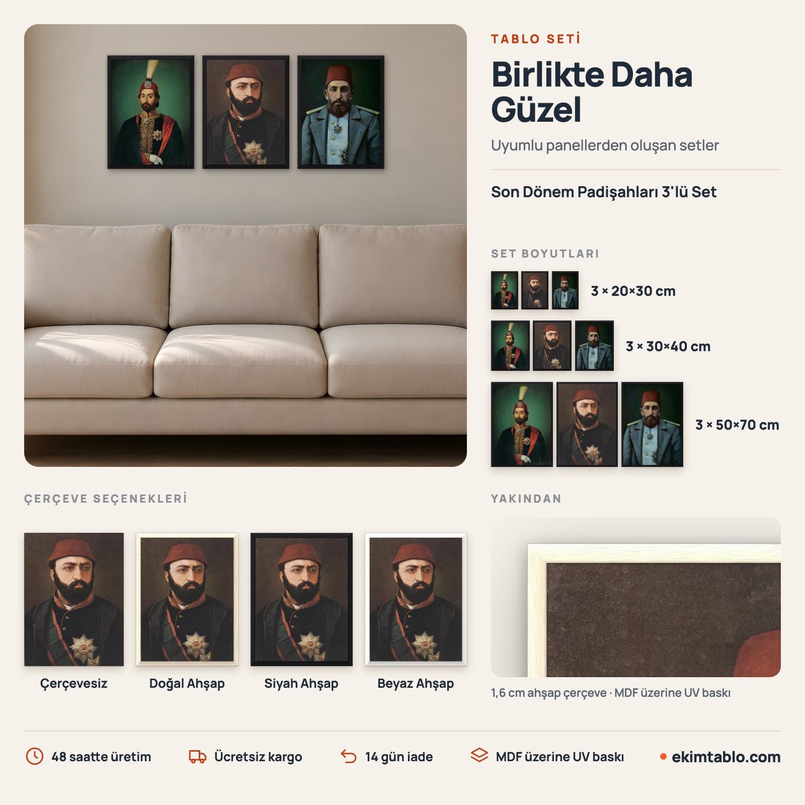 Son Dönem Padişahları 3'lü Set — boyut ve çerçeve seçenekleri