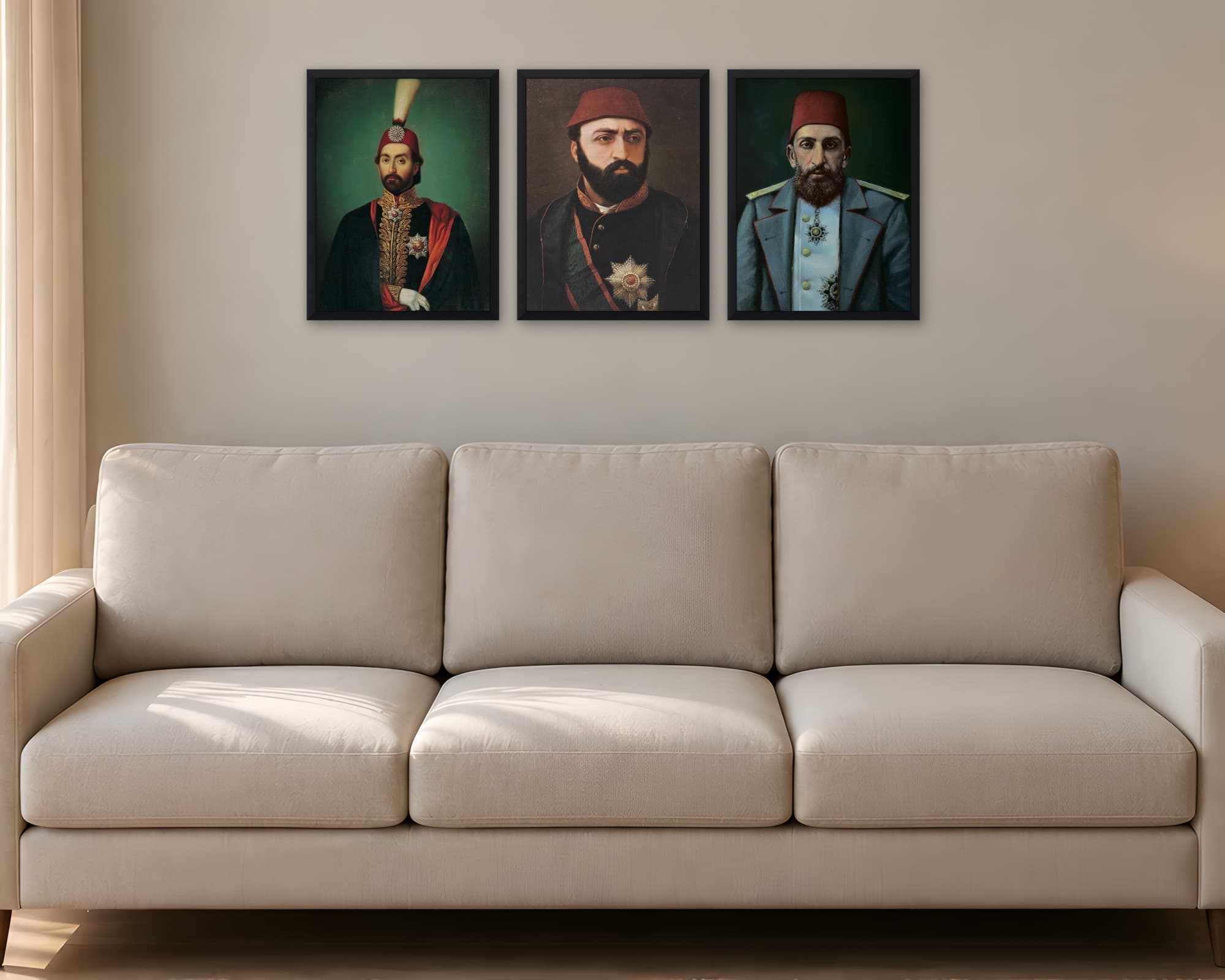 Son Dönem Padişahları 3'lü Set — Tablo Seti, duvarda oda görünümü