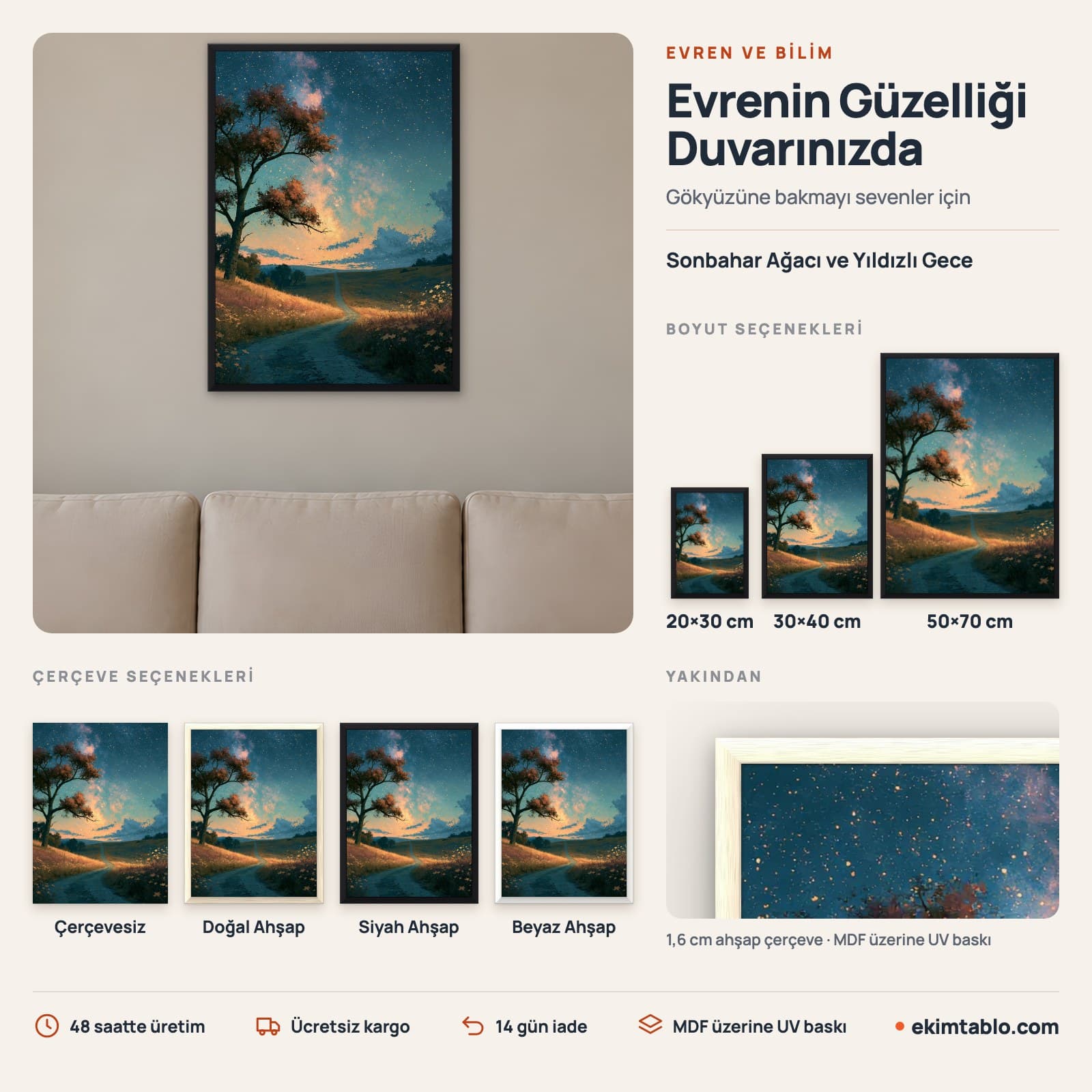 Sonbahar Ağacı ve Yıldızlı Gece — boyut ve çerçeve seçenekleri