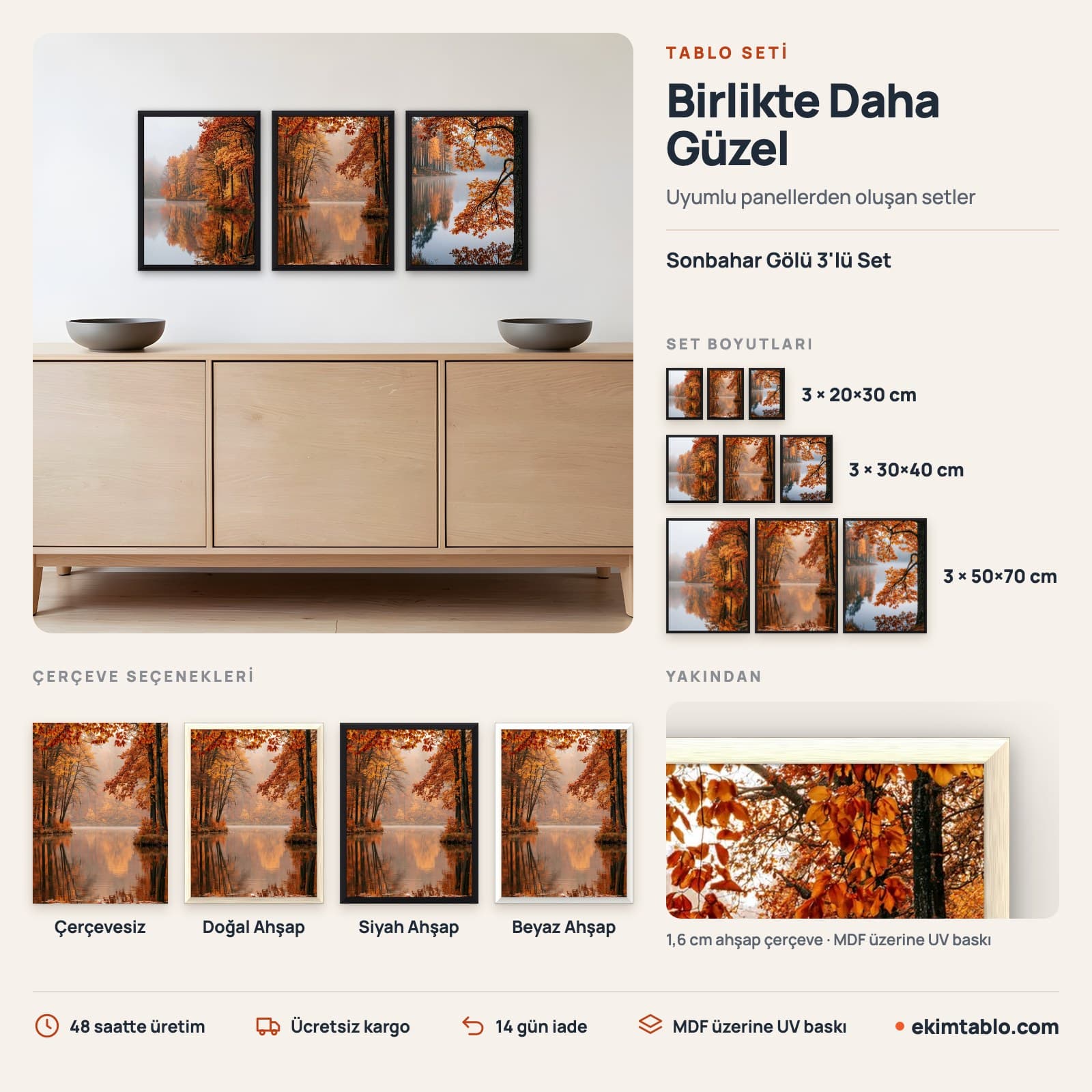 Sonbahar Gölü 3'lü Set — boyut ve çerçeve seçenekleri