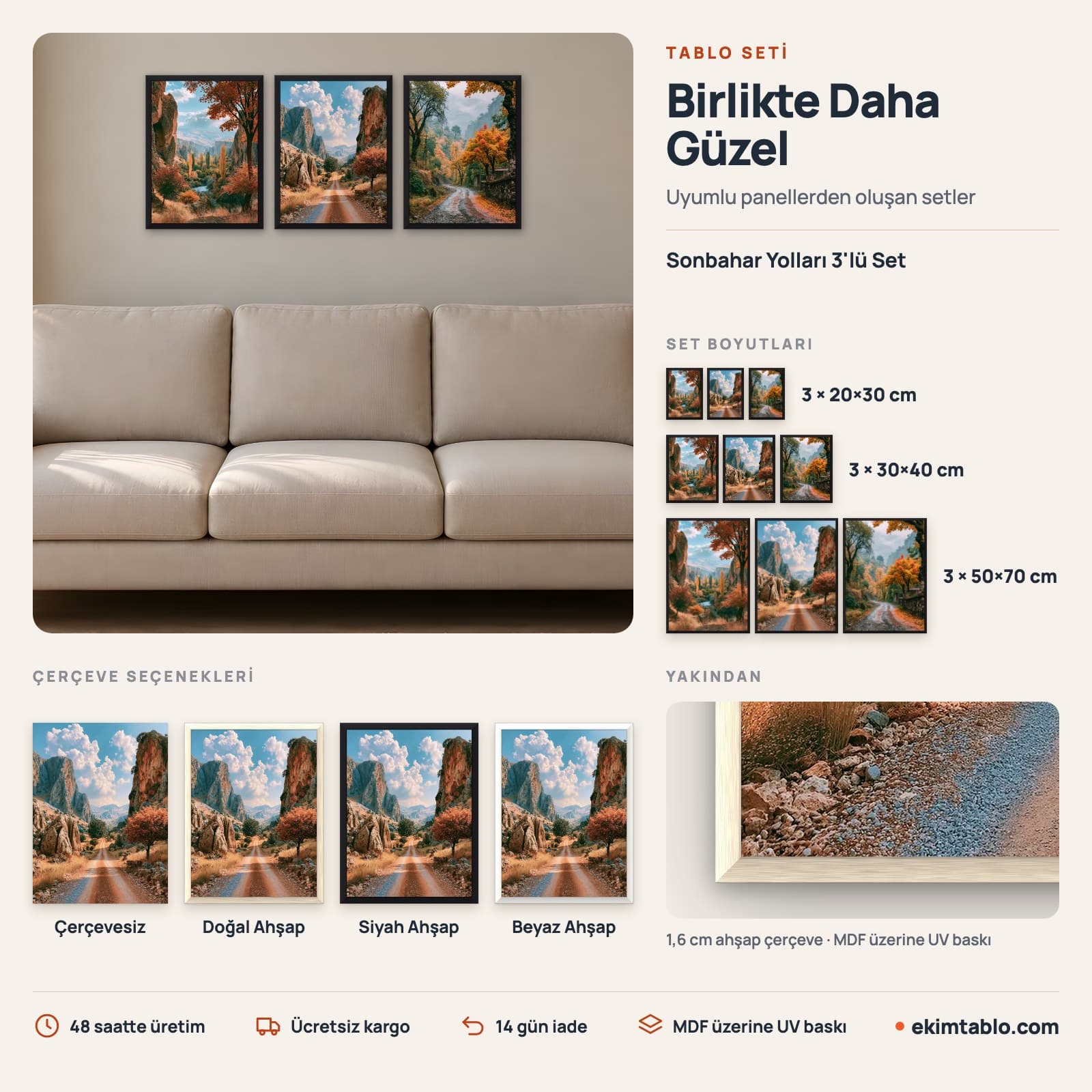 Sonbahar Yolları 3'lü Set — boyut ve çerçeve seçenekleri