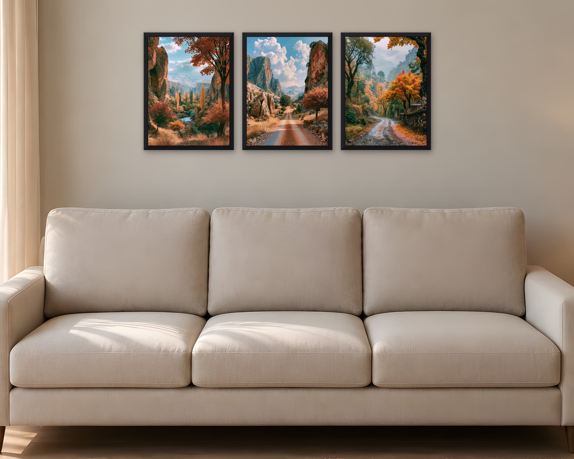 Sonbahar Yolları 3'lü Set — Tablo Seti, duvarda oda görünümü