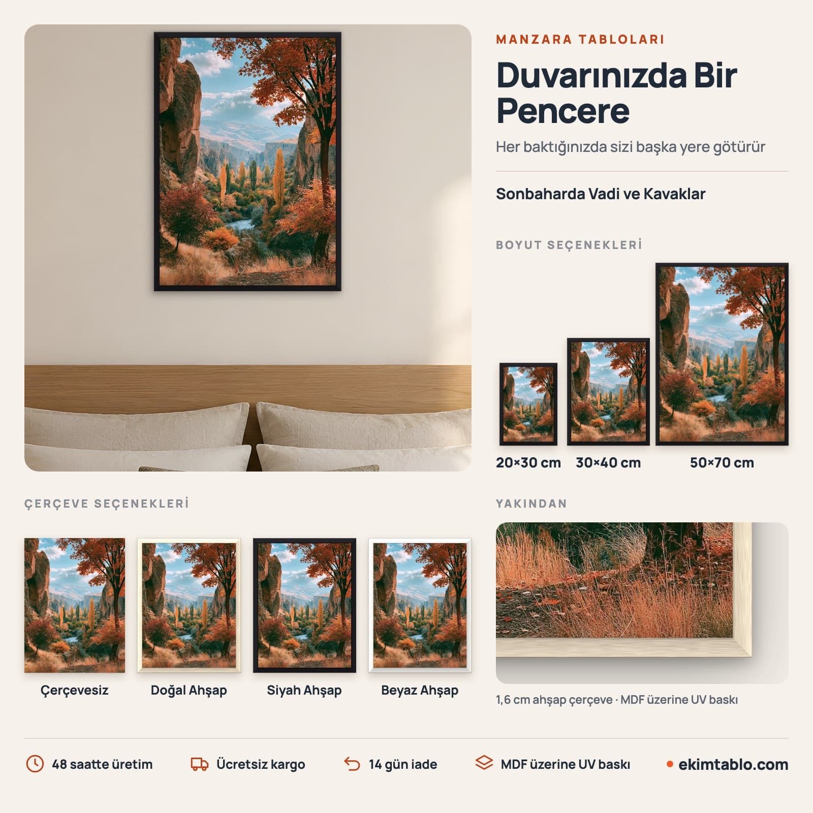 Sonbaharda Vadi ve Kavaklar — boyut ve çerçeve seçenekleri