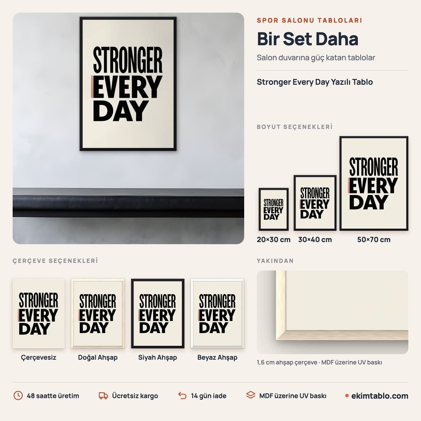 Stronger Every Day Yazılı Tablo — boyut ve çerçeve seçenekleri